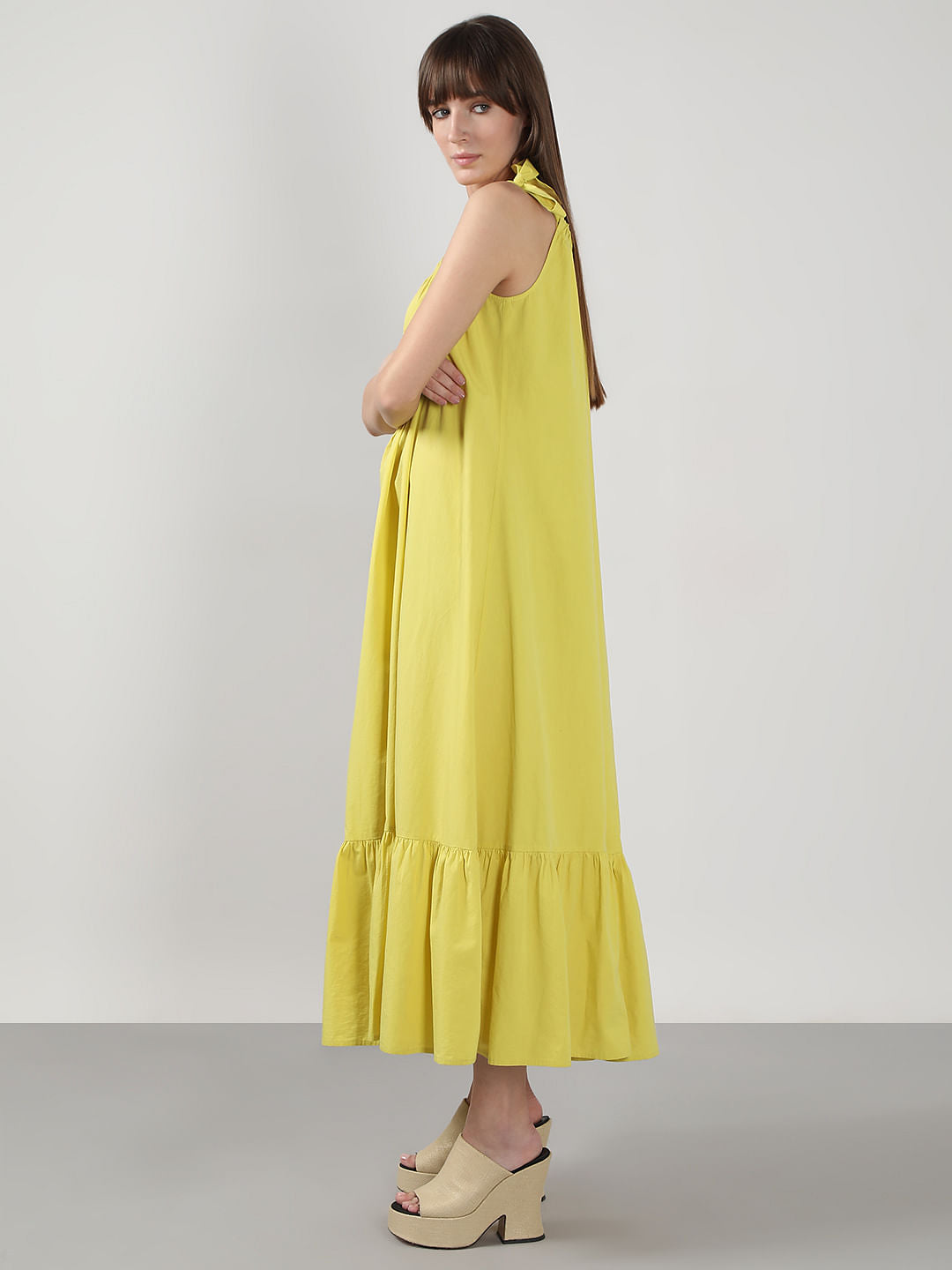 Yellow Flared Cotton Long Dress