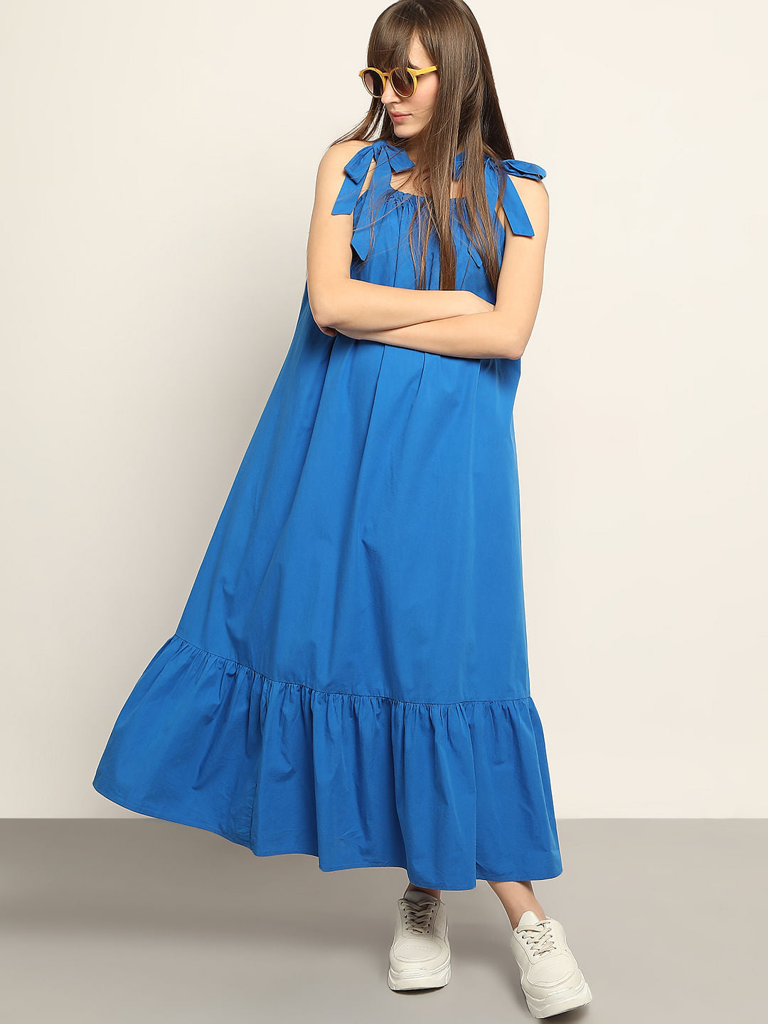 Blue Flared Cotton Long Dress