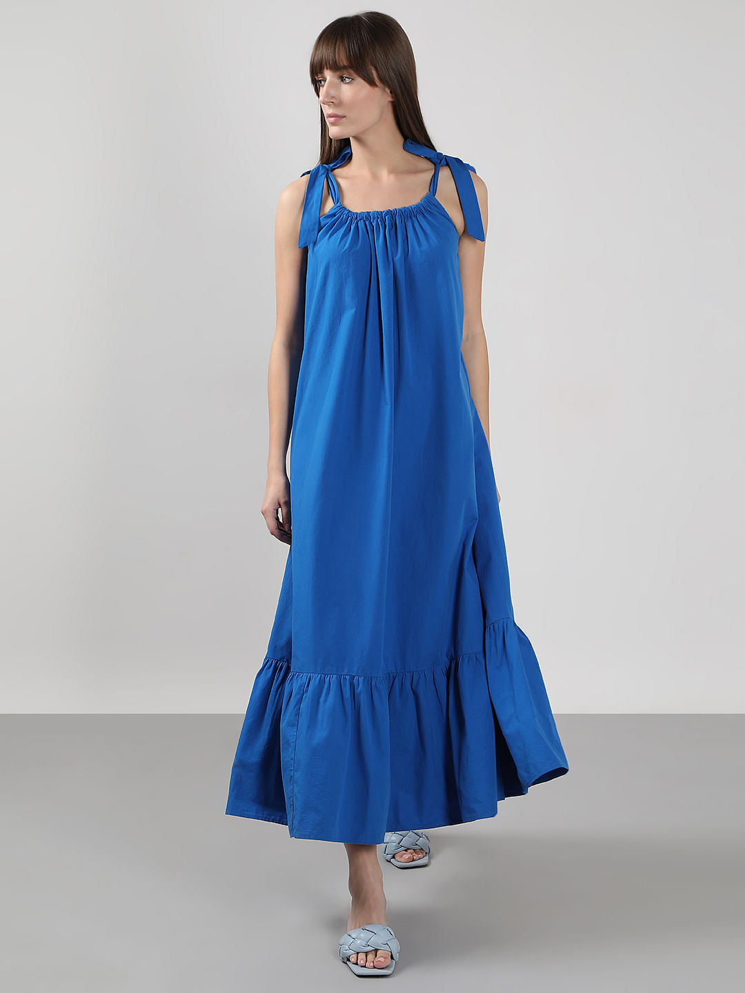 Blue Flared Cotton Long Dress