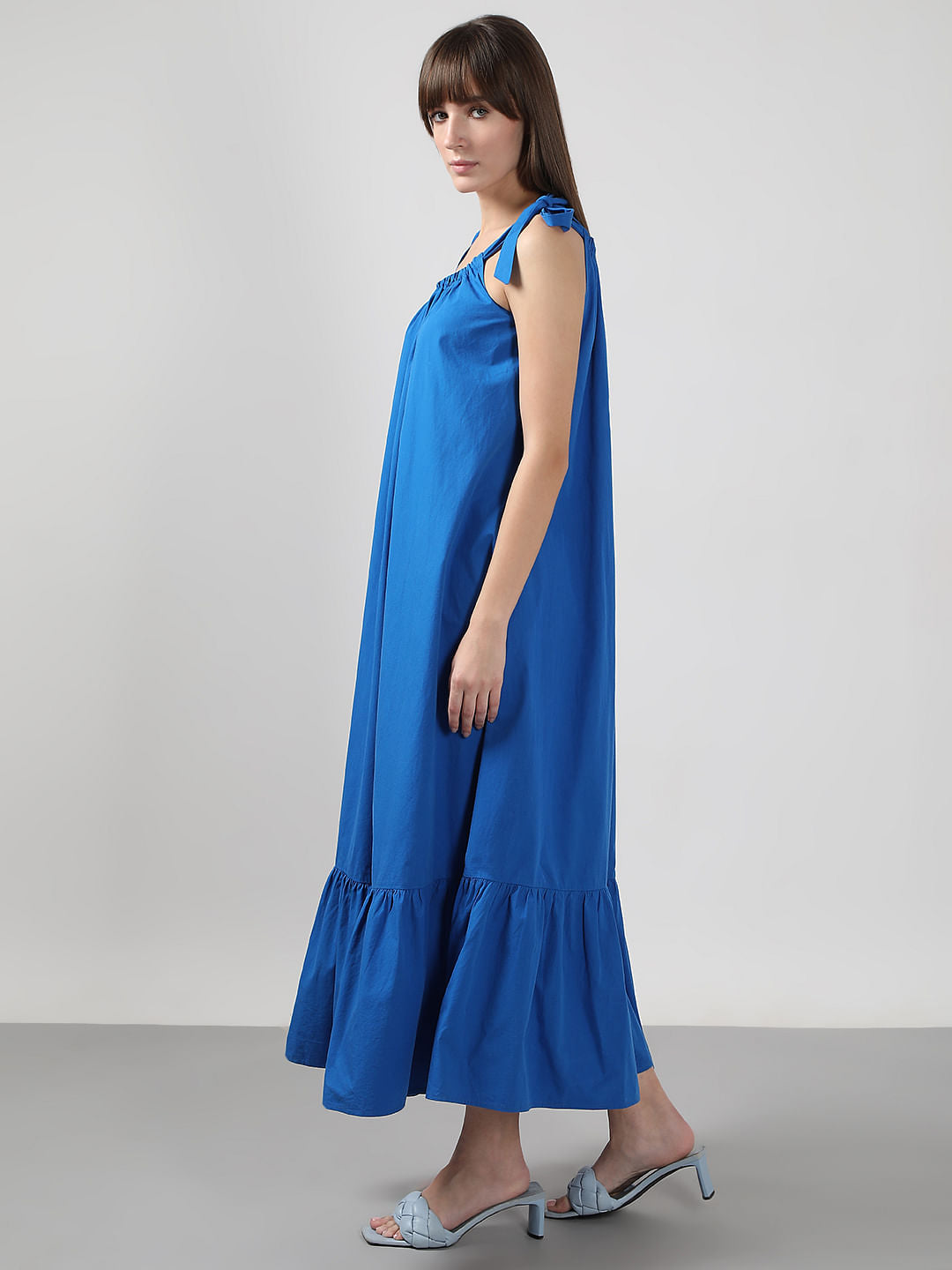 Blue Flared Cotton Long Dress