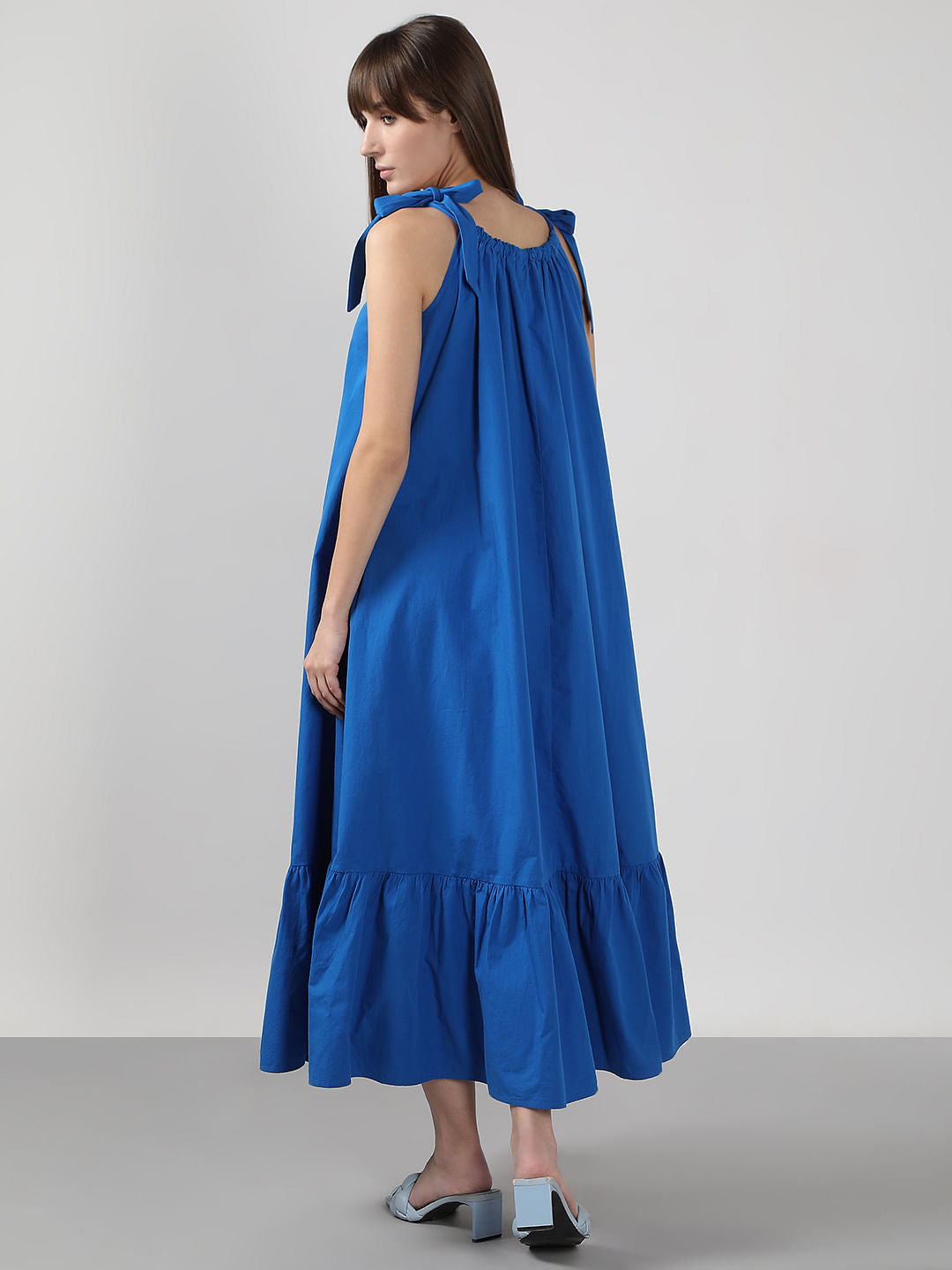 Blue Flared Cotton Long Dress