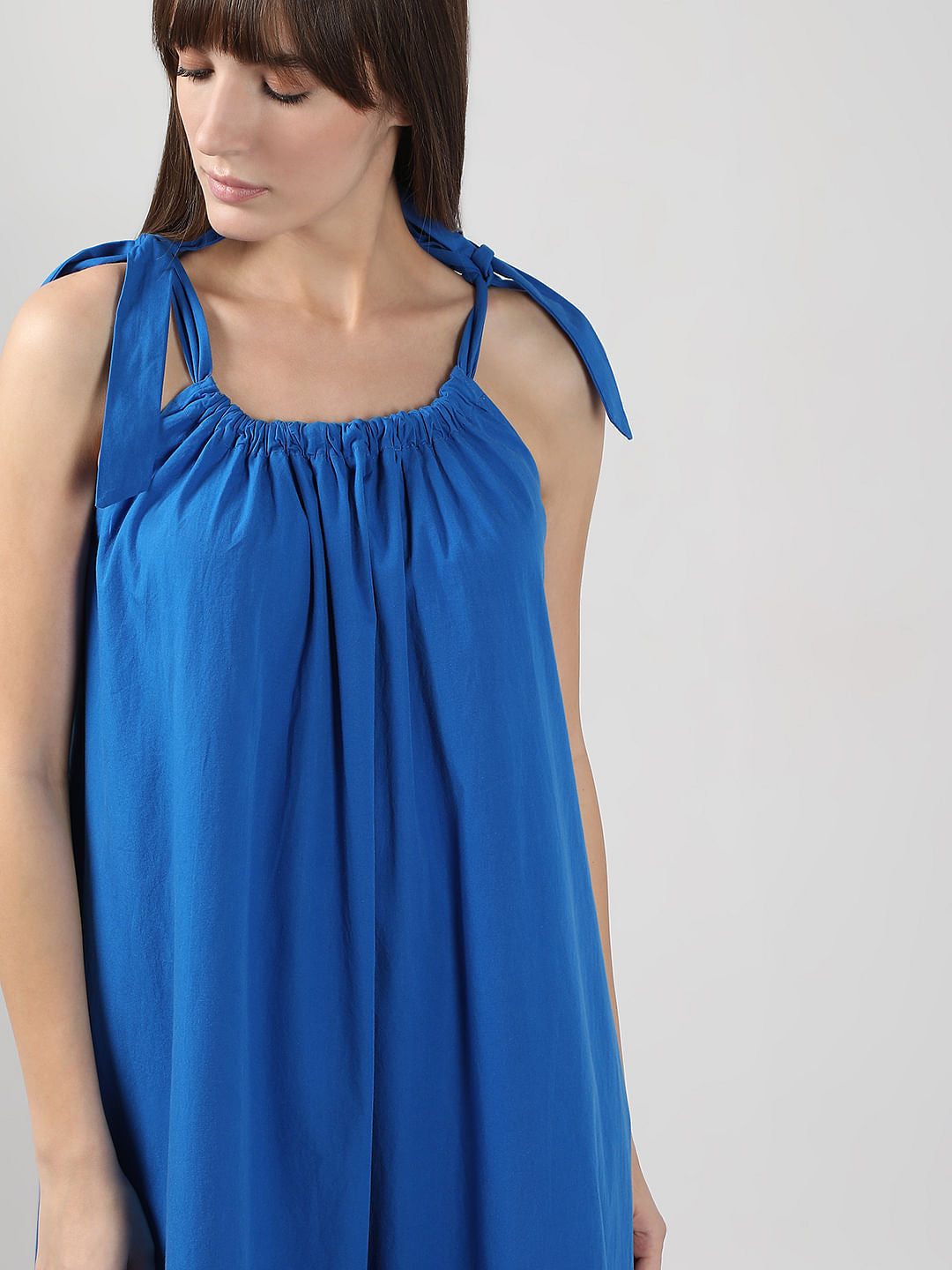 Blue Flared Cotton Long Dress