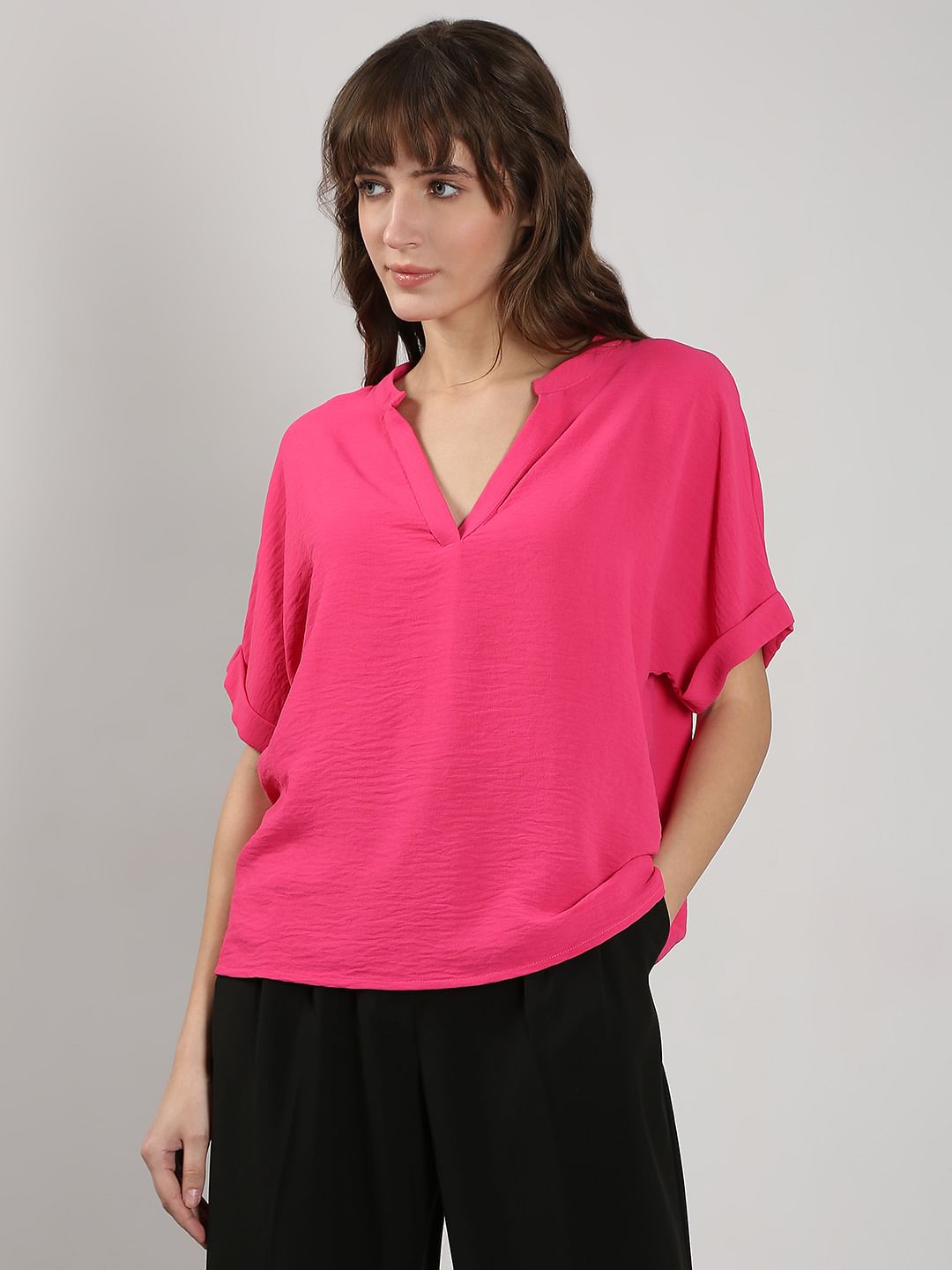 Dark Pink V Neck Top