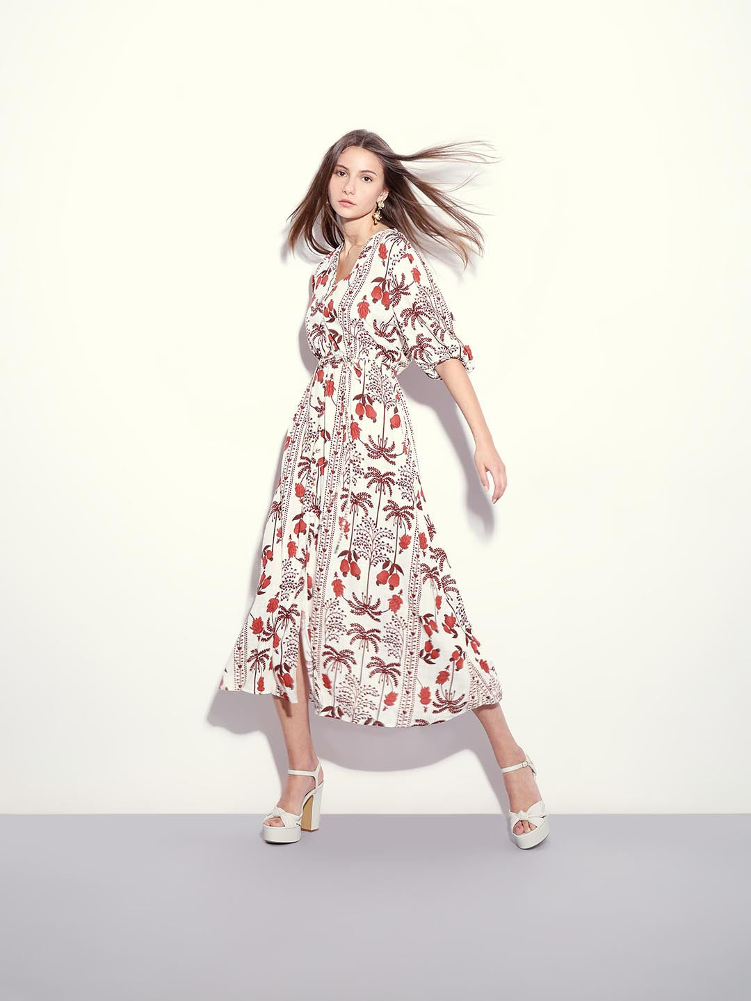 Vero Moda Ecru Printed Midi Dress