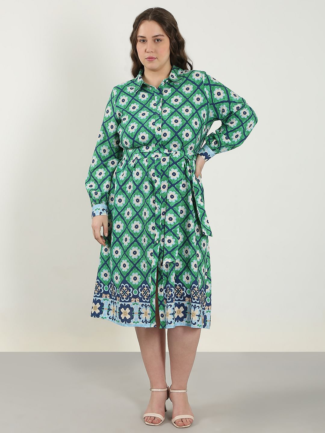 Curve Green Printed Shirt Dress