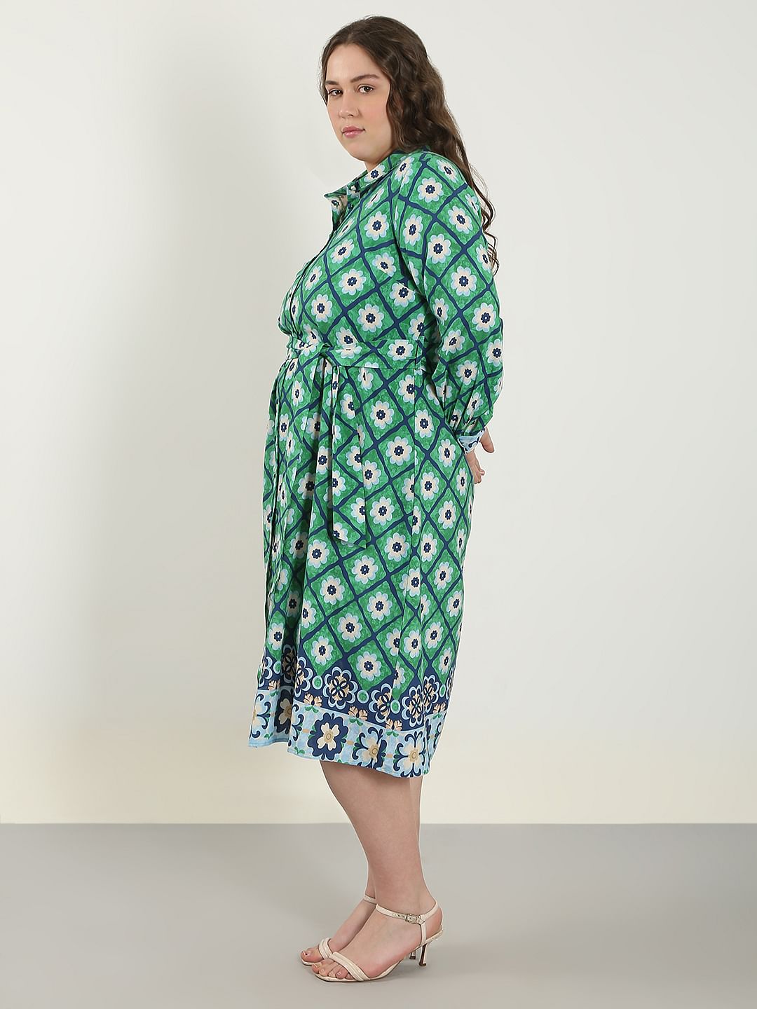 Curve Green Printed Shirt Dress