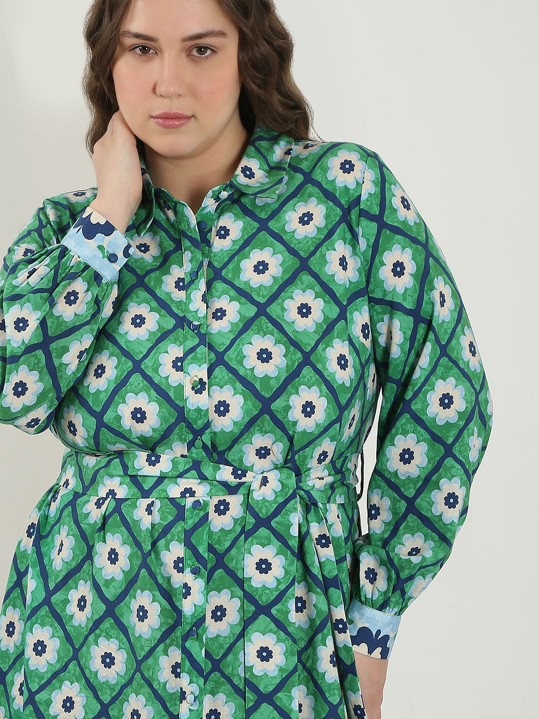 Curve Green Printed Shirt Dress