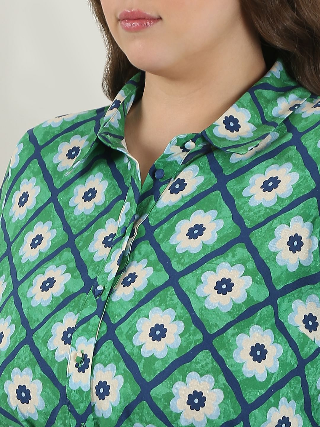Curve Green Printed Shirt Dress