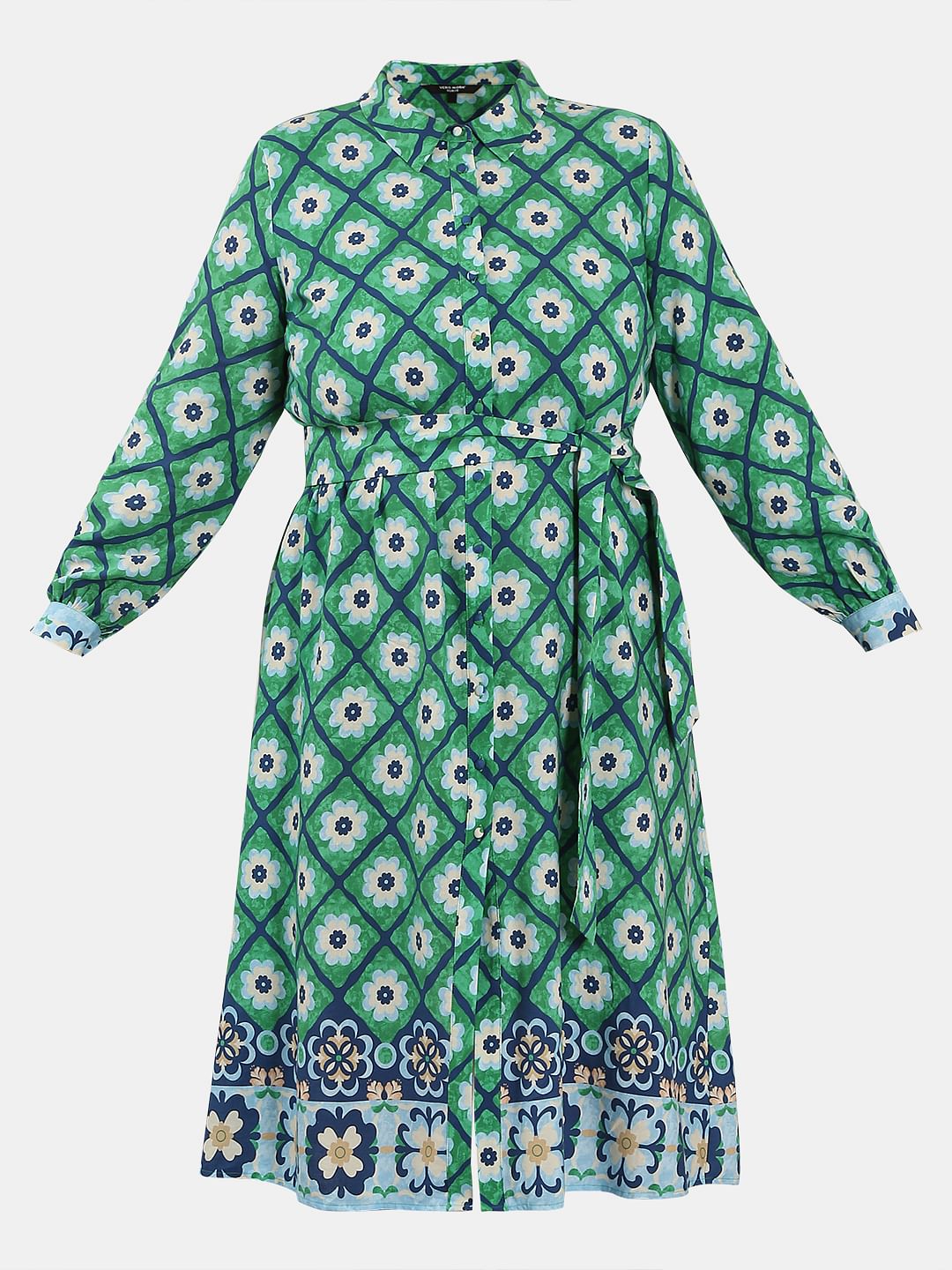 Curve Green Printed Shirt Dress