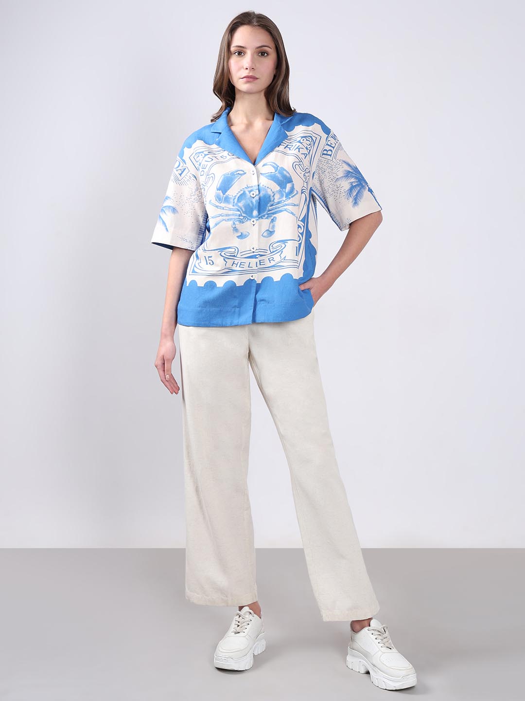 Vero Moda White Printed Cotton-Linen Shirt