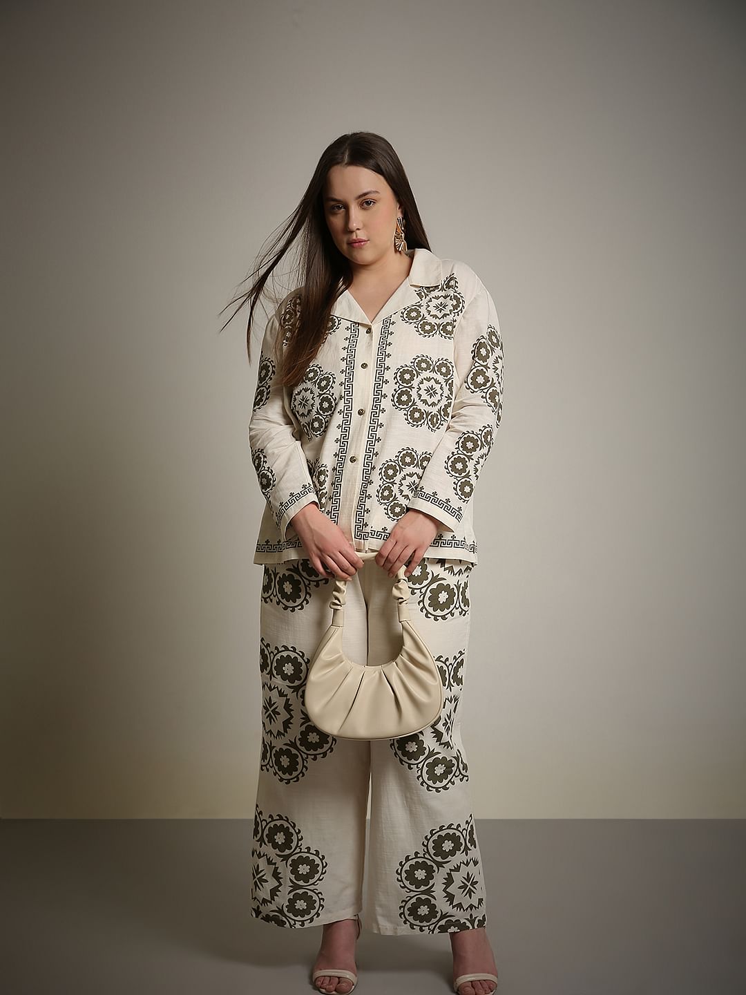 Curve Ecru Printed Co-Ord Set Shirt