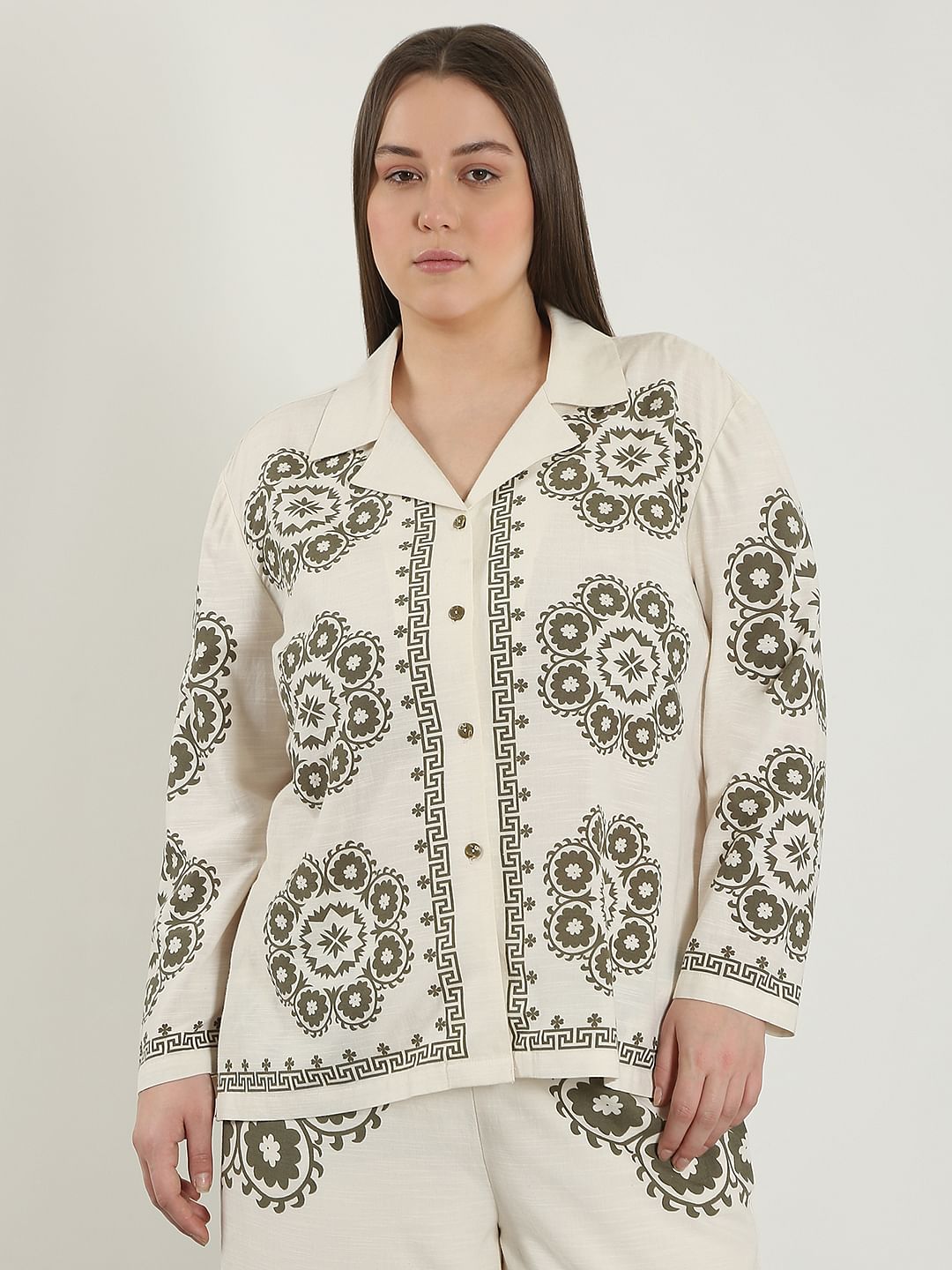 Curve Ecru Printed Co-Ord Set Shirt