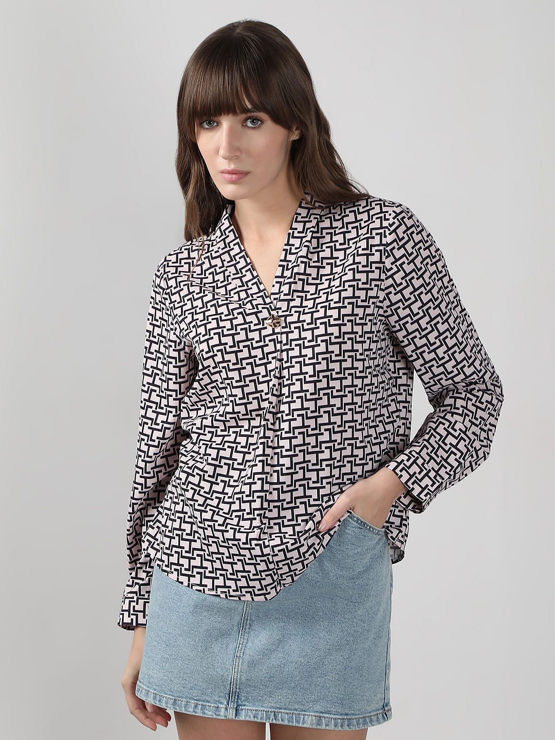 White Abstract Print Top