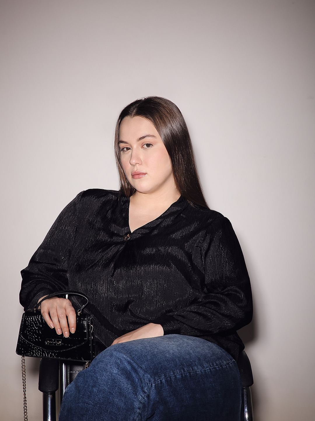 Curve Black Jacquard Top