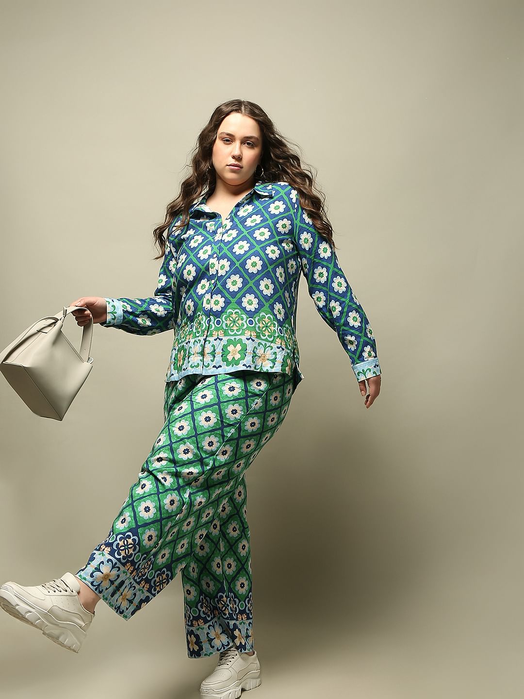 Curve Green Printed Co-Ord Set Pants
