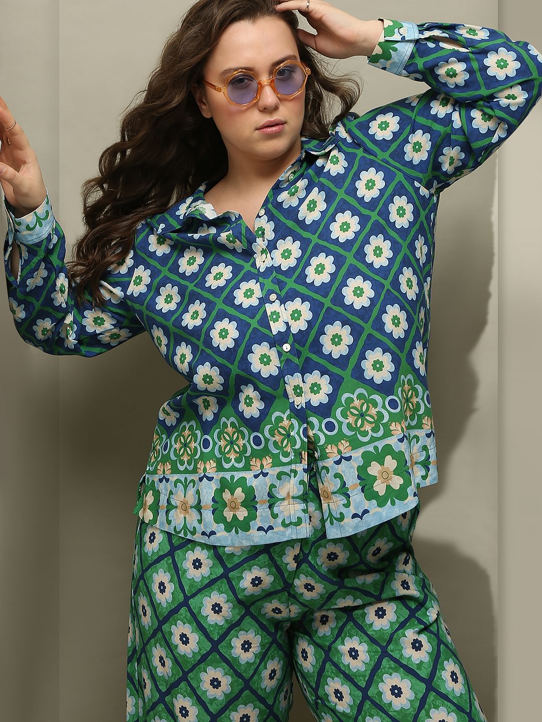 Curve Green Printed Co-Ord Set Shirt