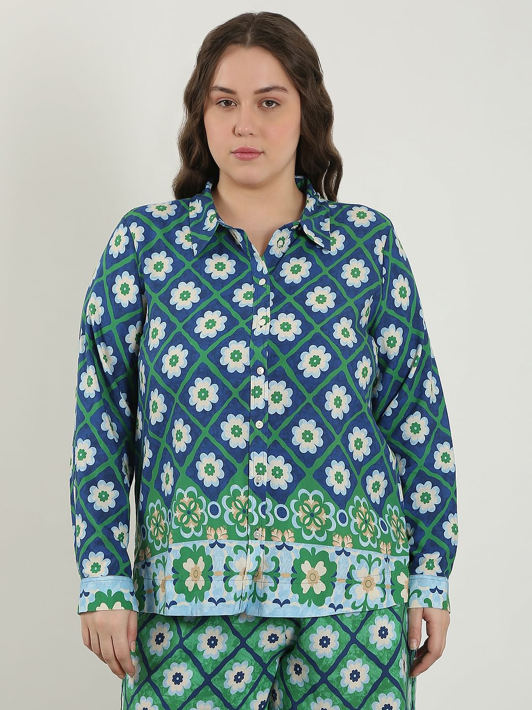 Curve Green Printed Co-Ord Set Shirt