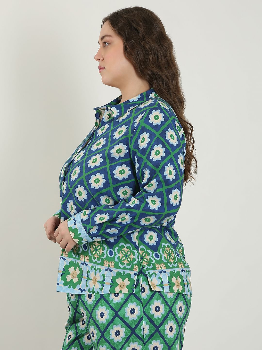 Curve Green Printed Co-Ord Set Shirt