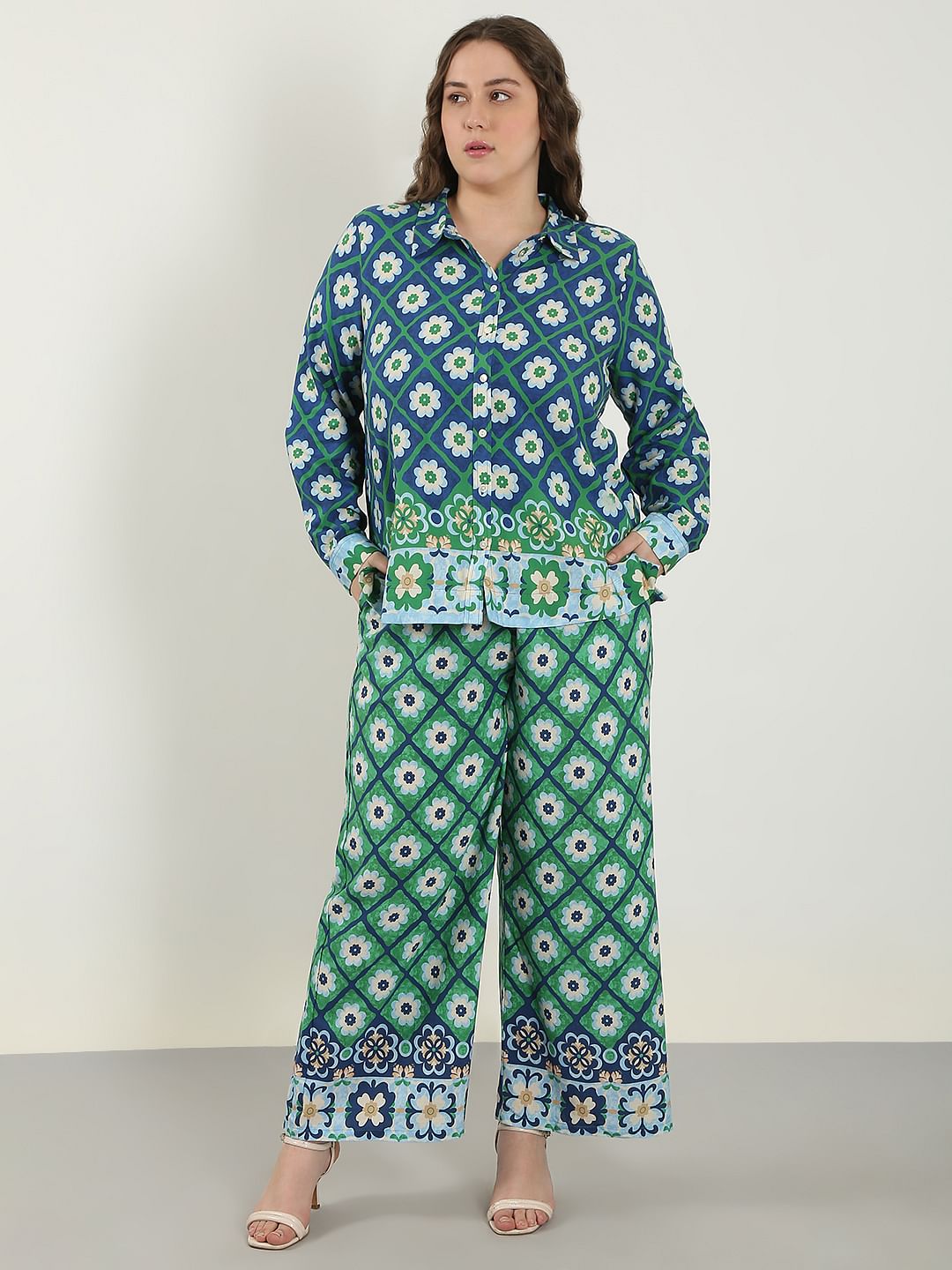 Curve Green Printed Co-Ord Set Shirt