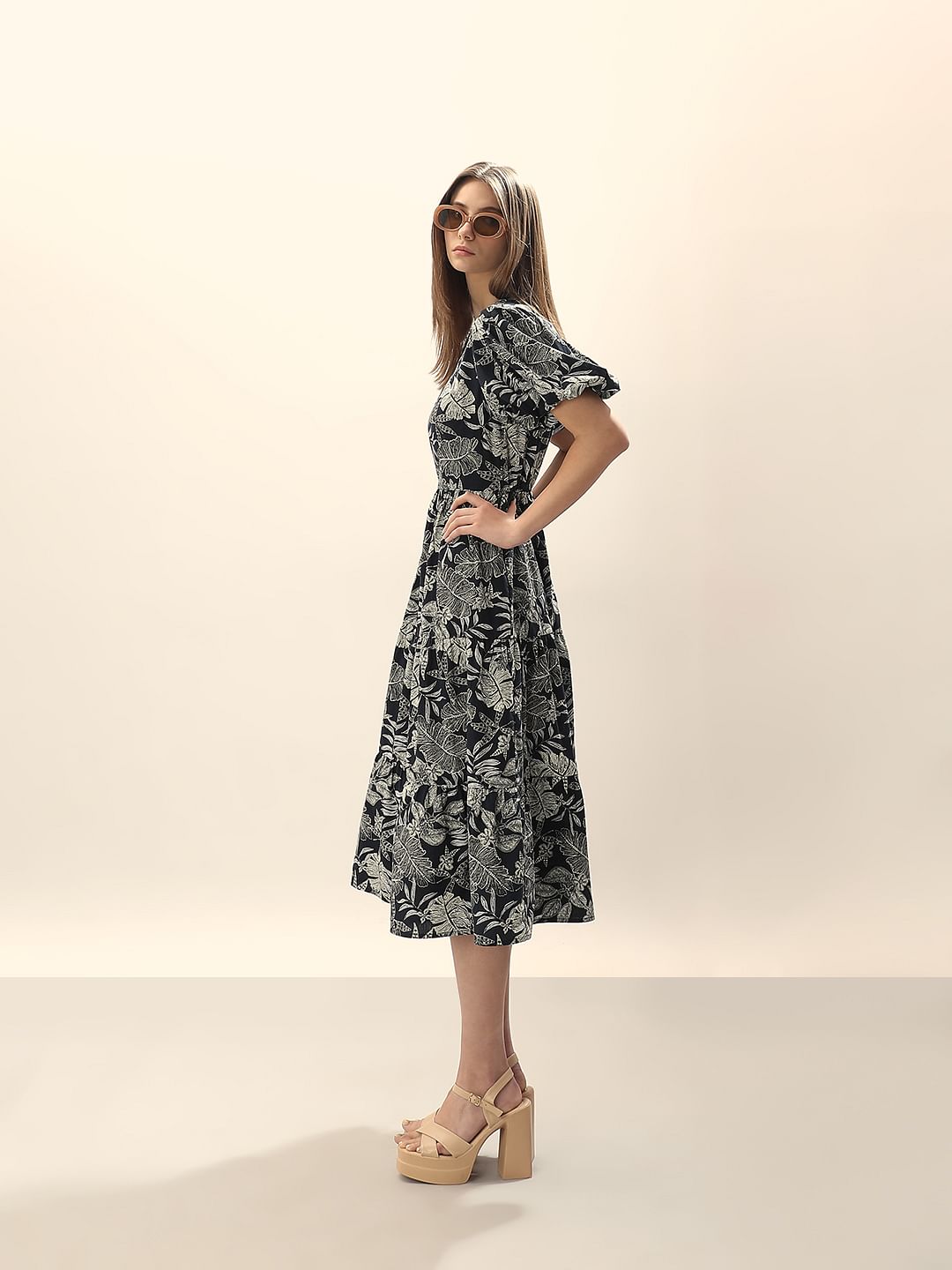 Black Printed Midi Cotton Dress