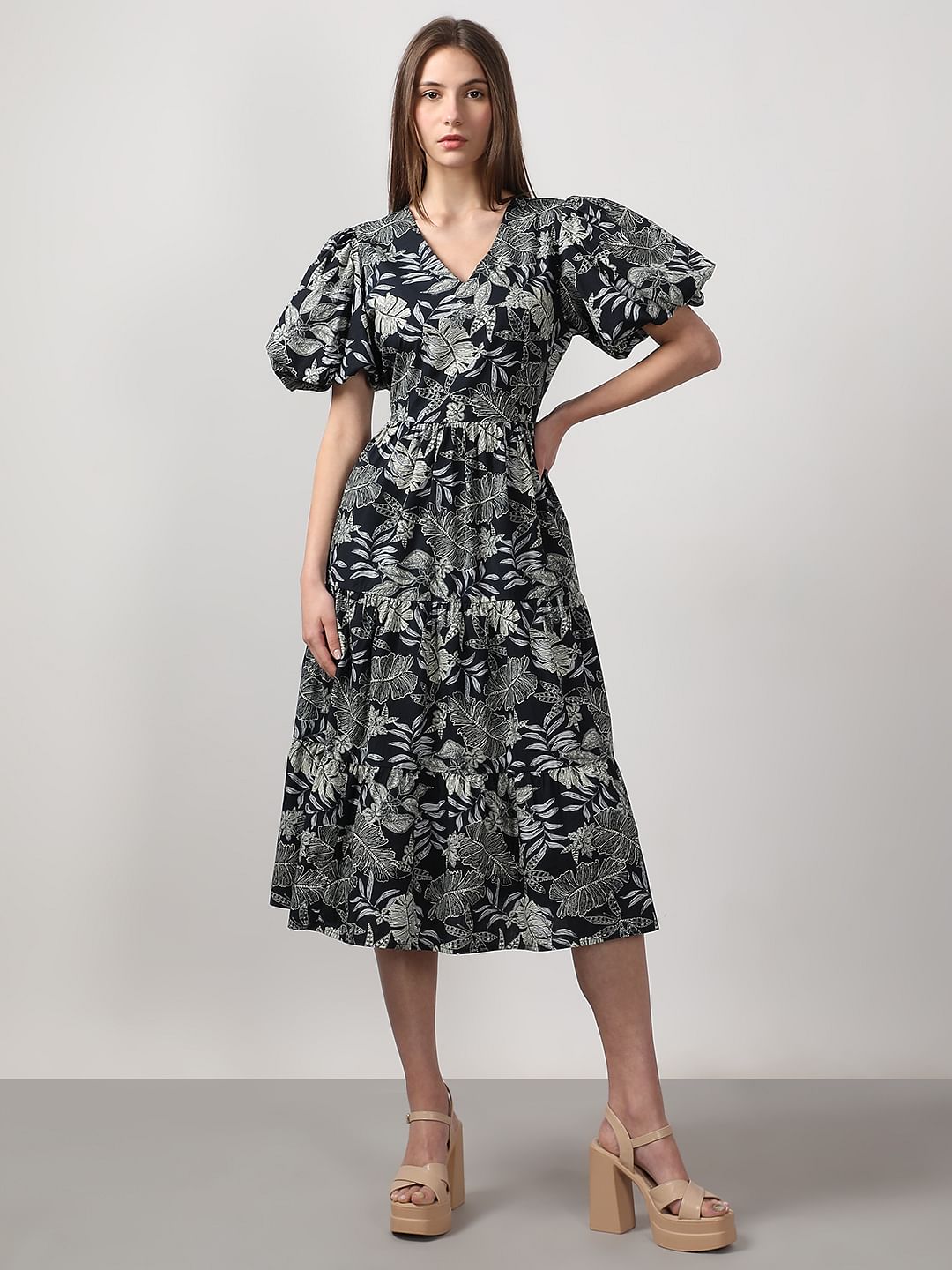Black Printed Midi Cotton Dress