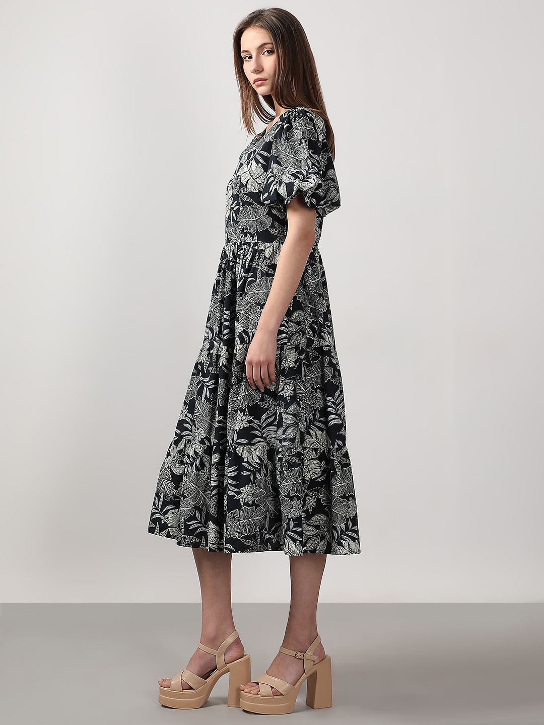 Black Printed Midi Cotton Dress