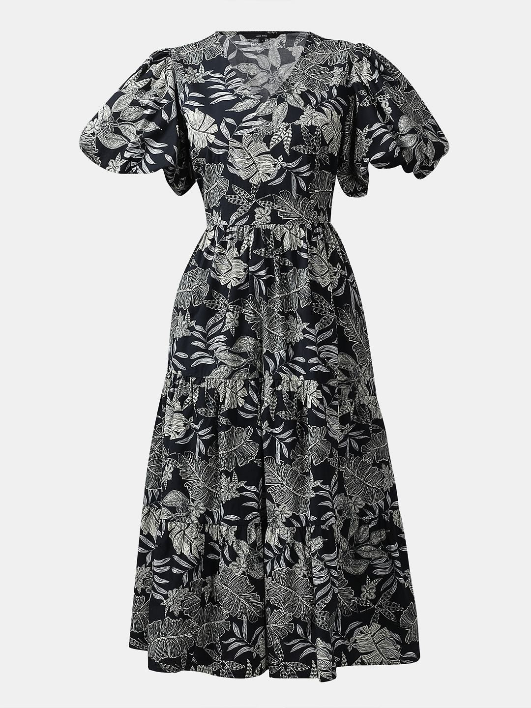 Black Printed Midi Cotton Dress