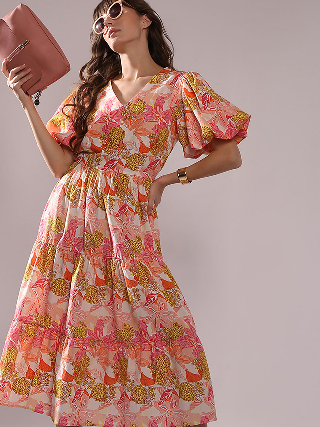 Beige Floral Cotton Midi Dress