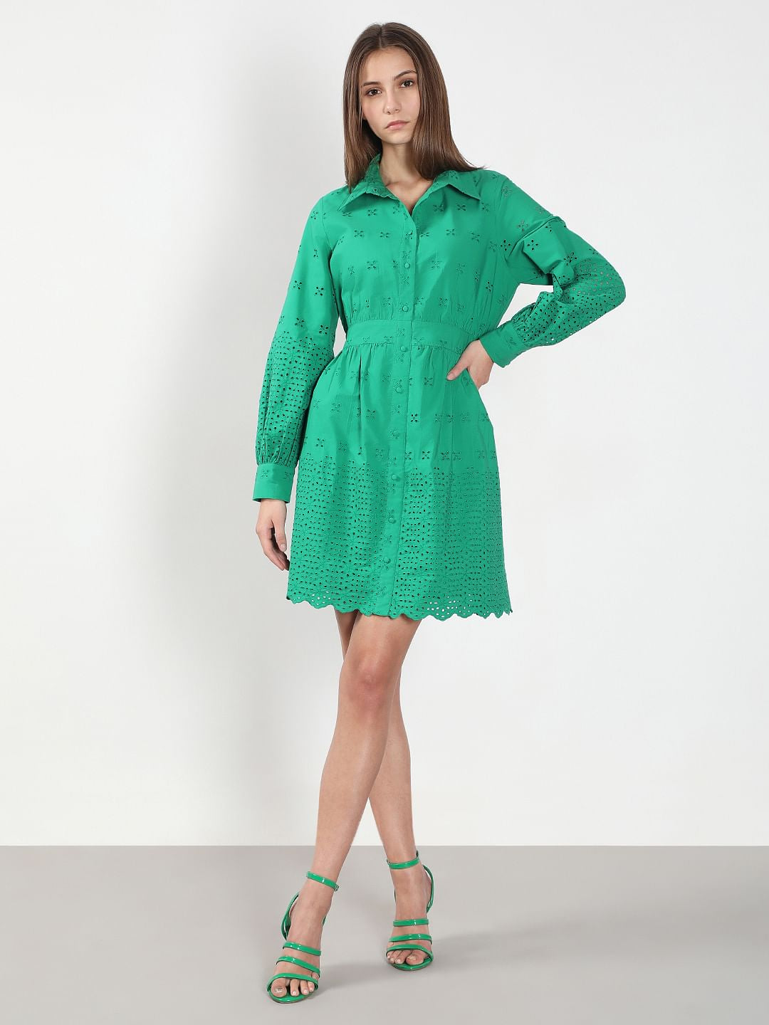 Green Cutwork Cotton Shirt Dress