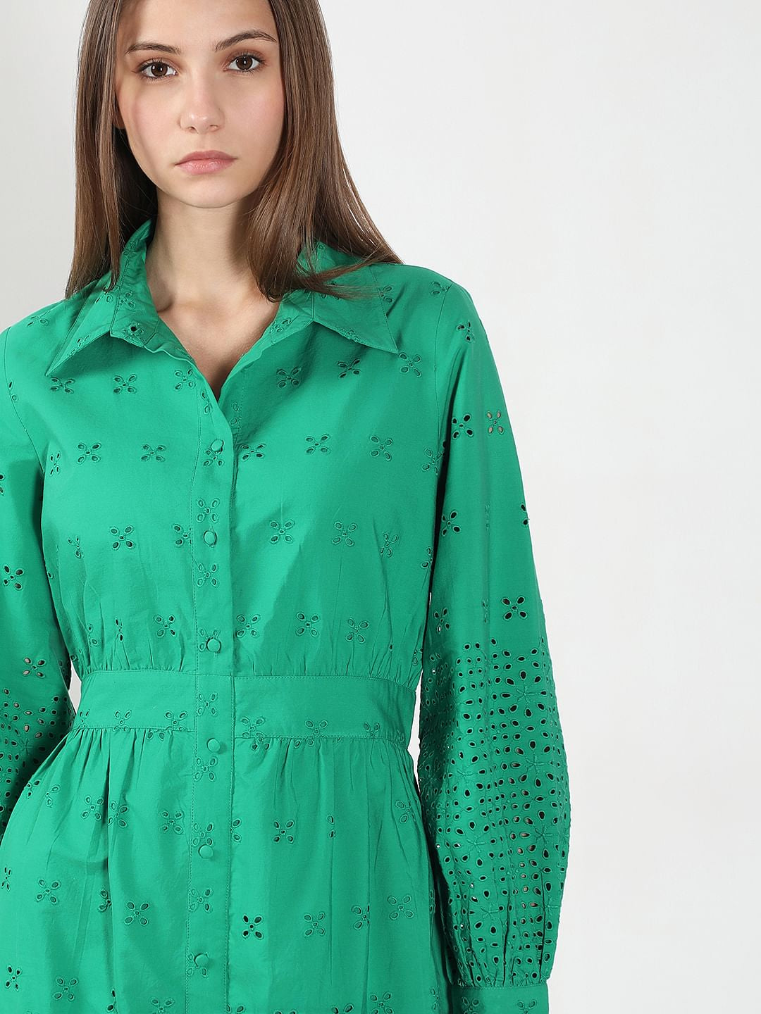 Green Cutwork Cotton Shirt Dress