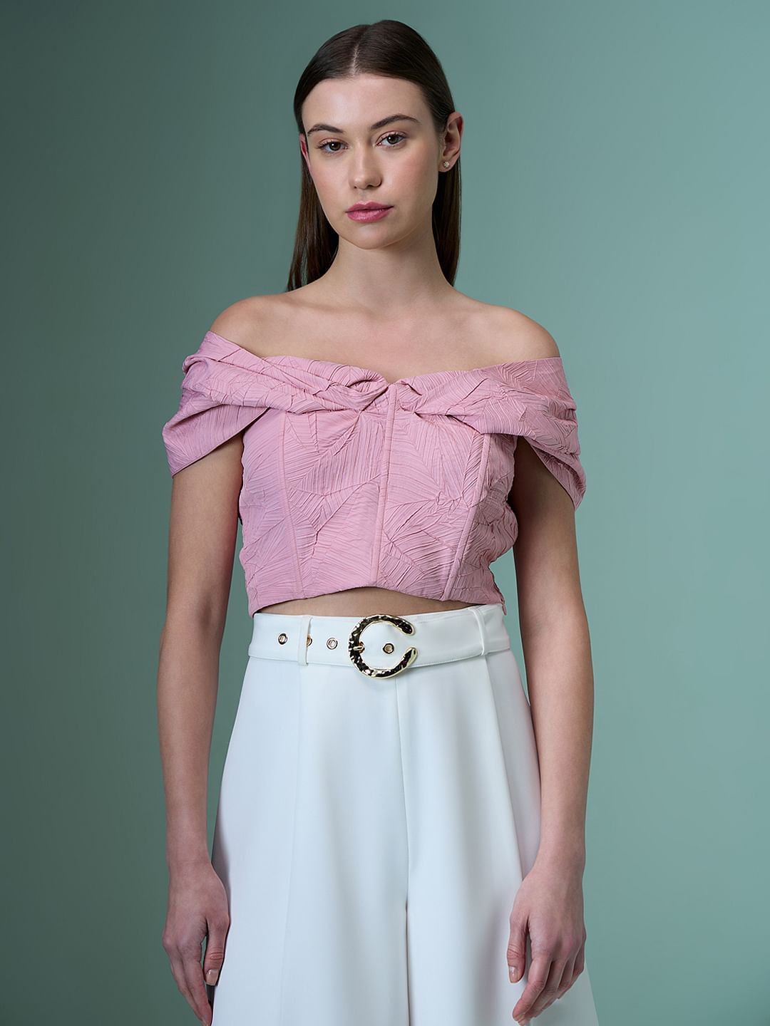 Marquee Pink Off Shoulder Crop Top