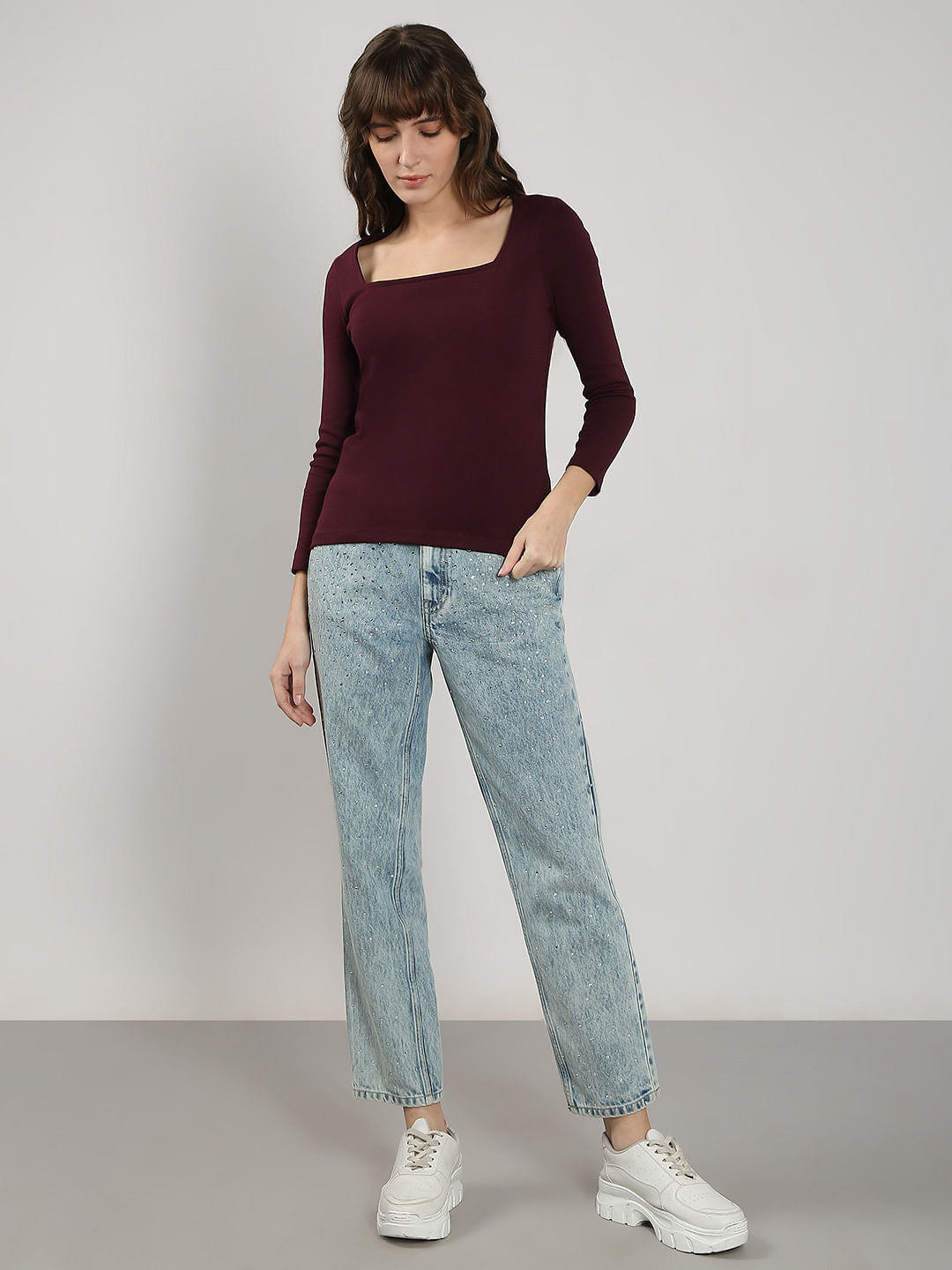 Plum Fitted Square Neck Top