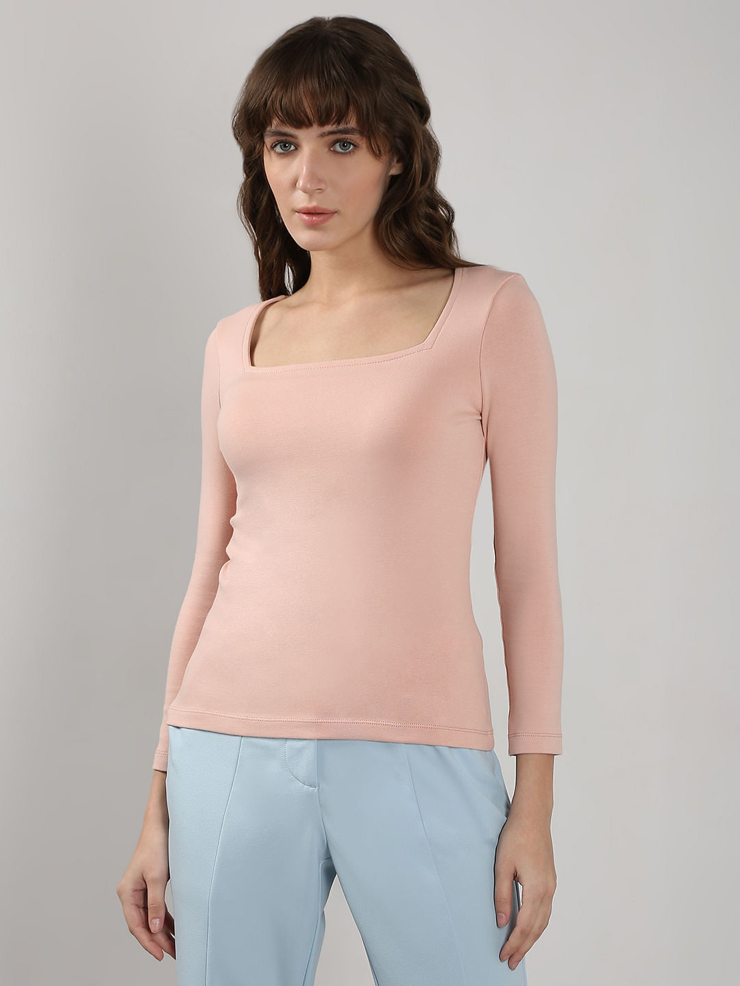 Pink Fitted Square Neck Top