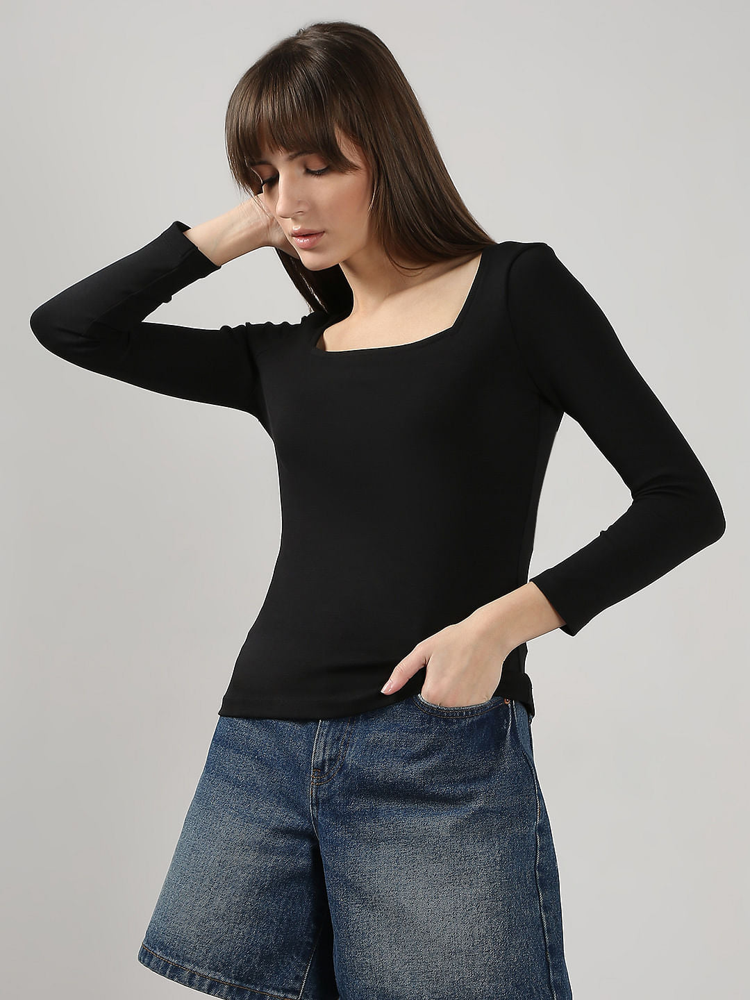 Black Fitted Square Neck Top