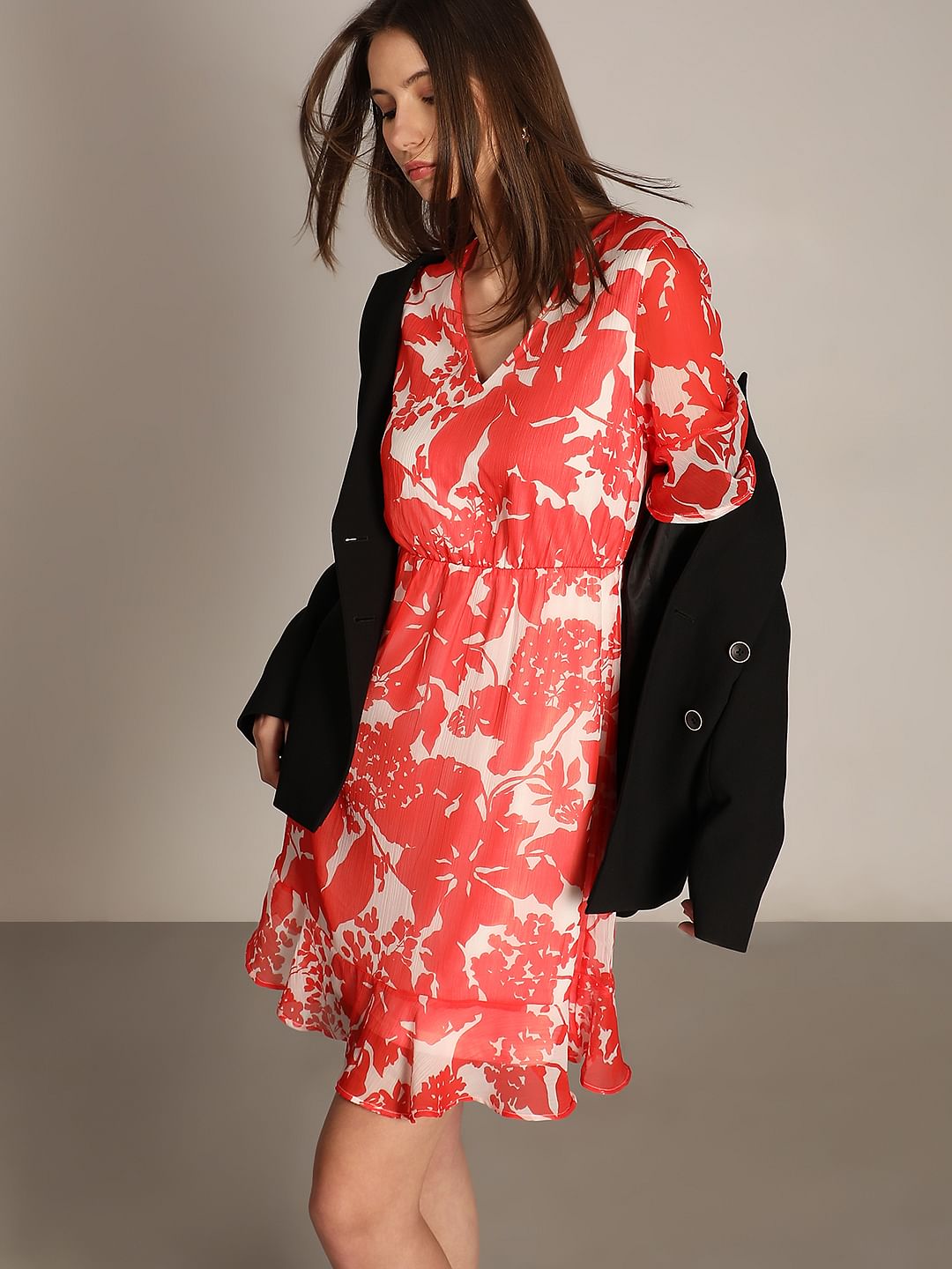 Coral & White Printed Fit & Flare Dress