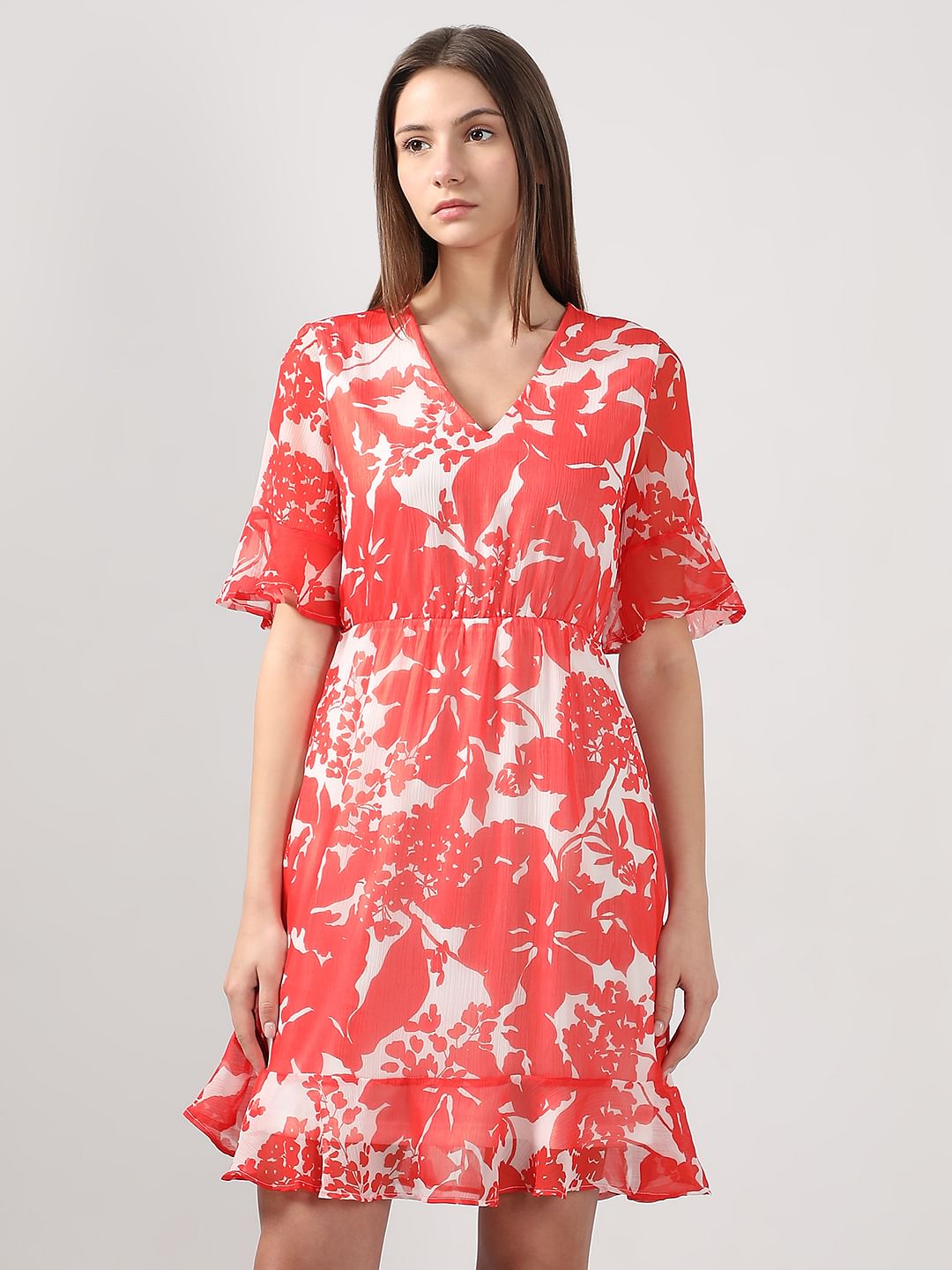 Coral & White Printed Fit & Flare Dress