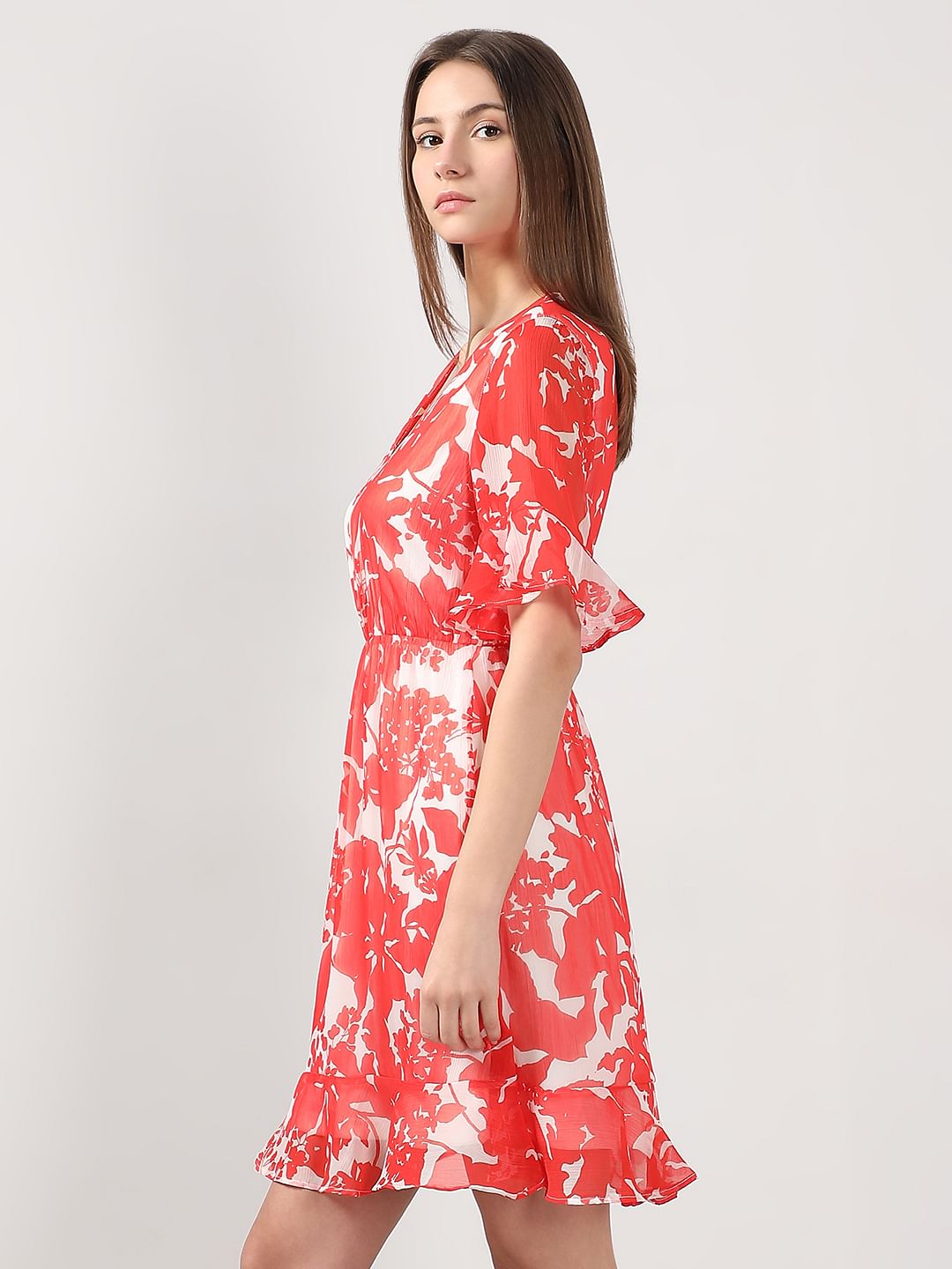 Coral & White Printed Fit & Flare Dress
