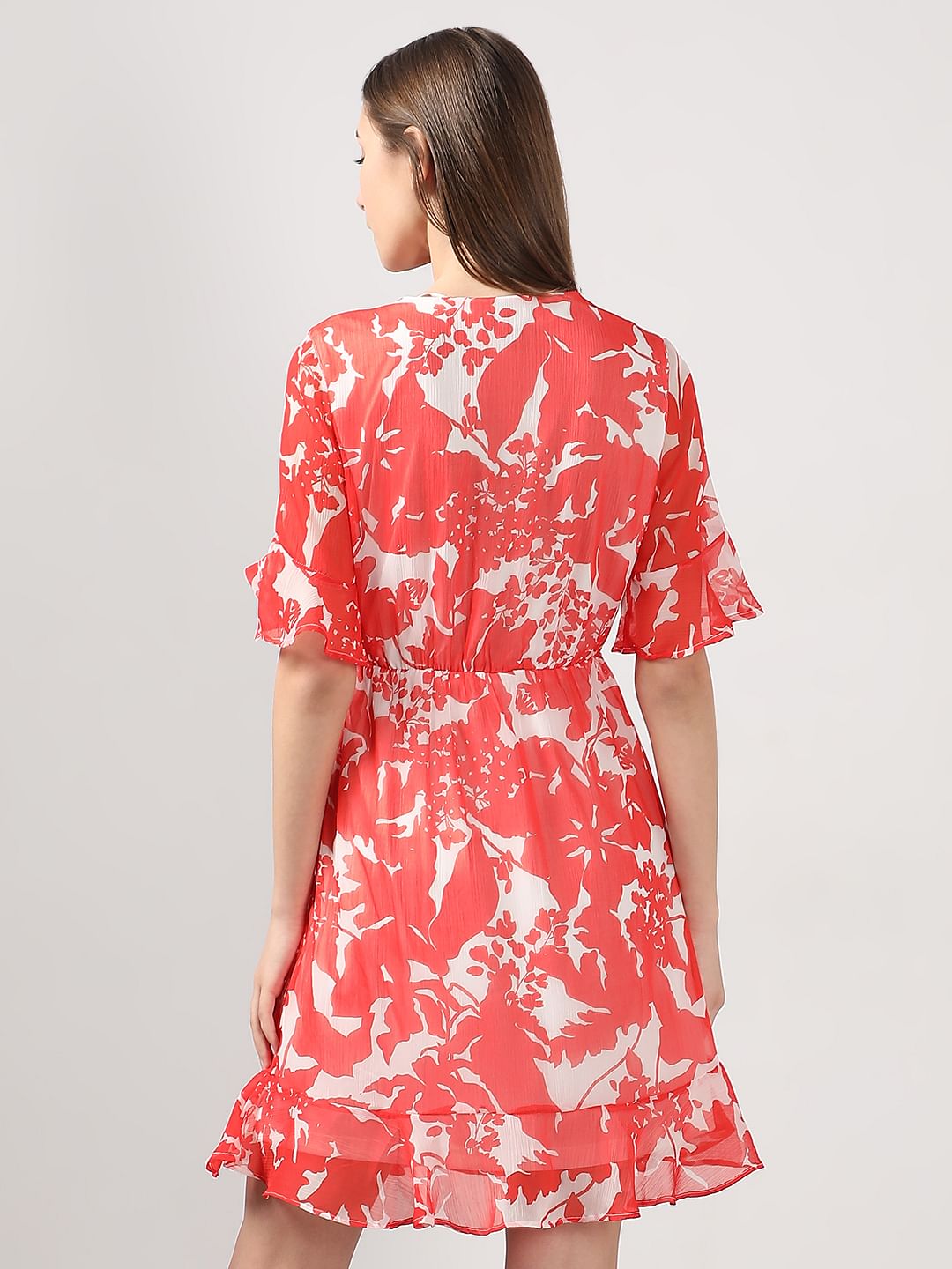 Coral & White Printed Fit & Flare Dress