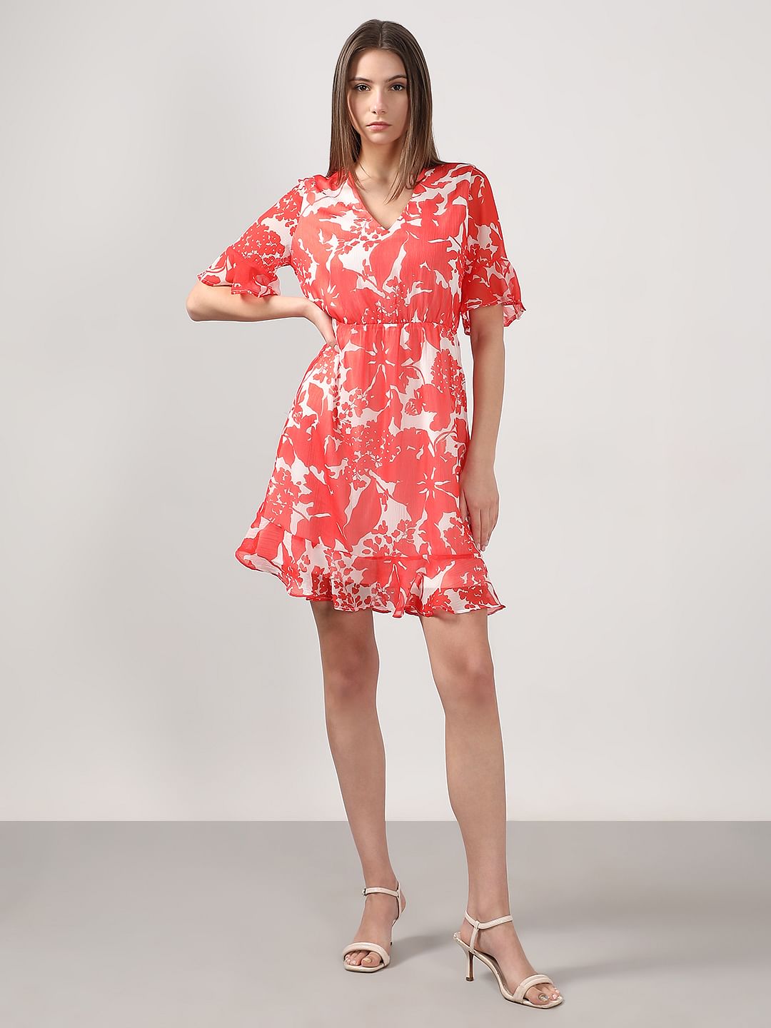 Coral & White Printed Fit & Flare Dress