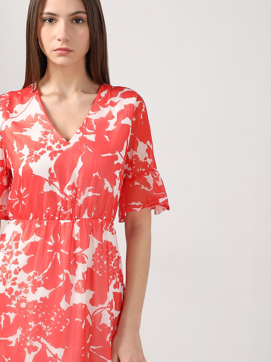 Coral & White Printed Fit & Flare Dress