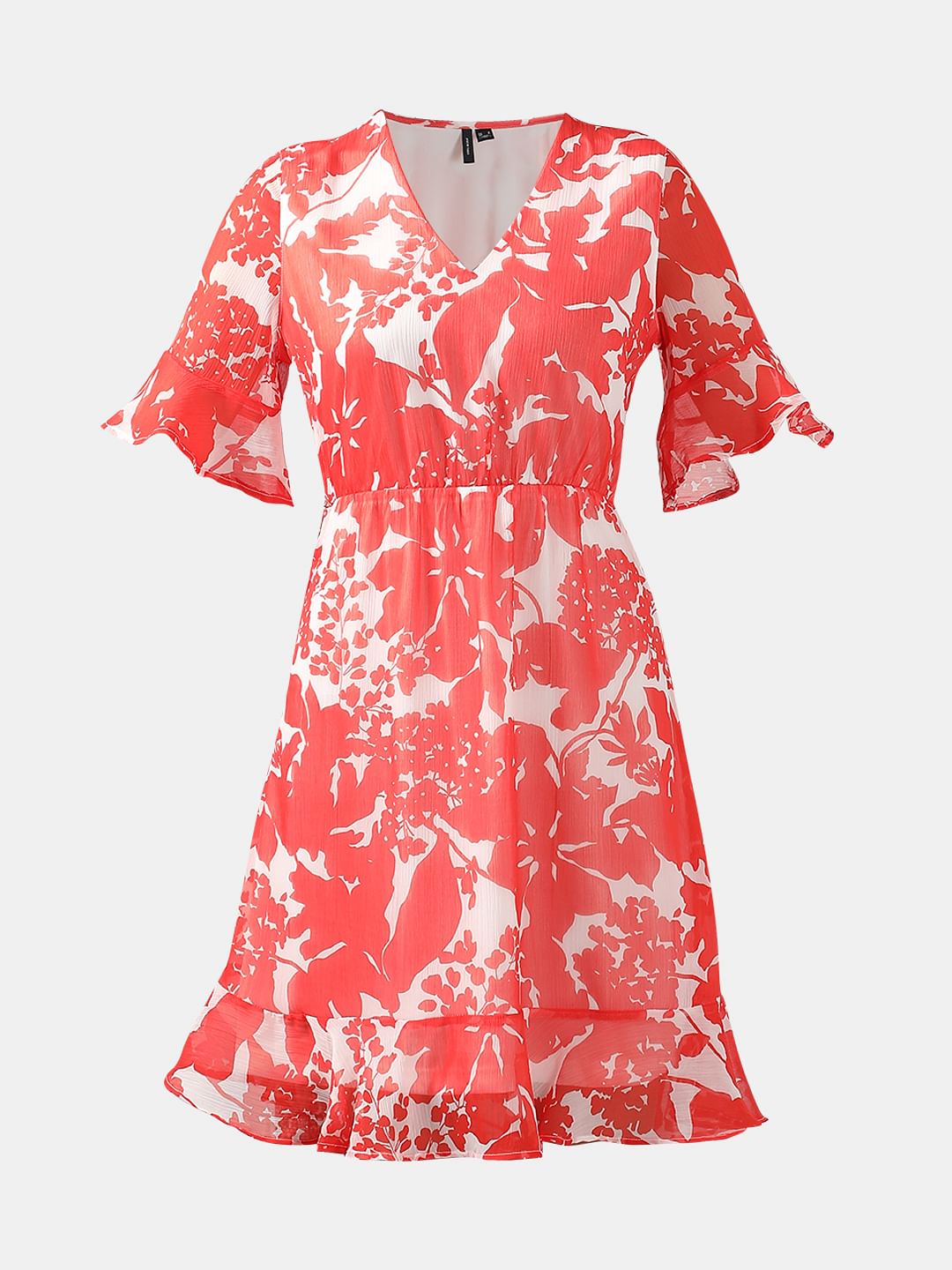 Coral & White Printed Fit & Flare Dress