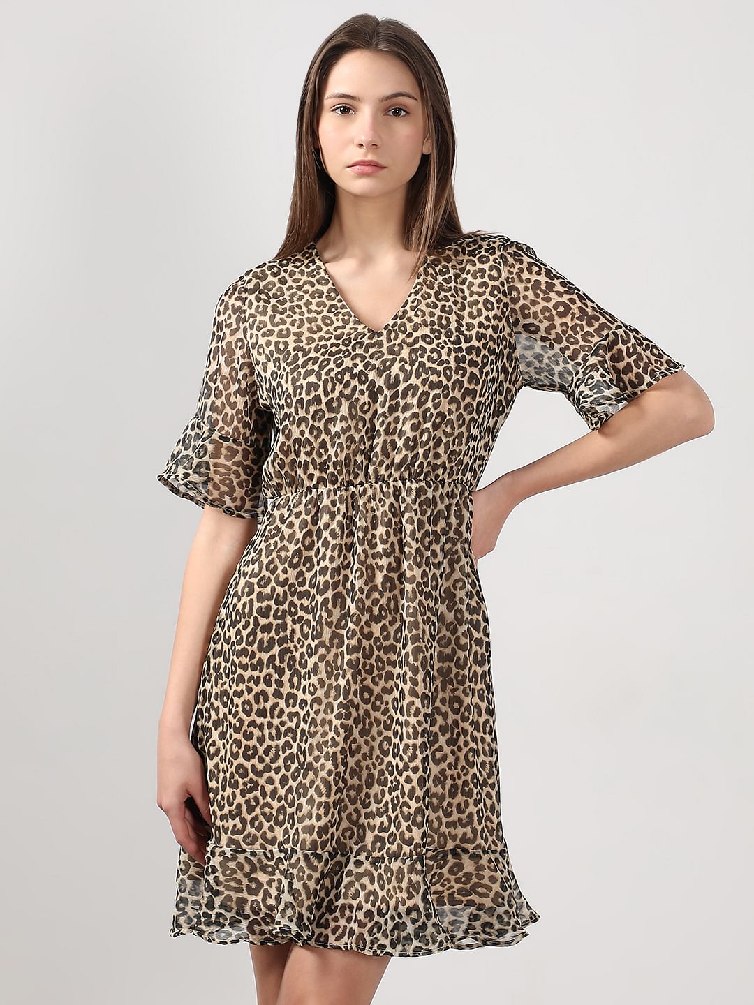 Beige Animal Print Fit & Flare Dress