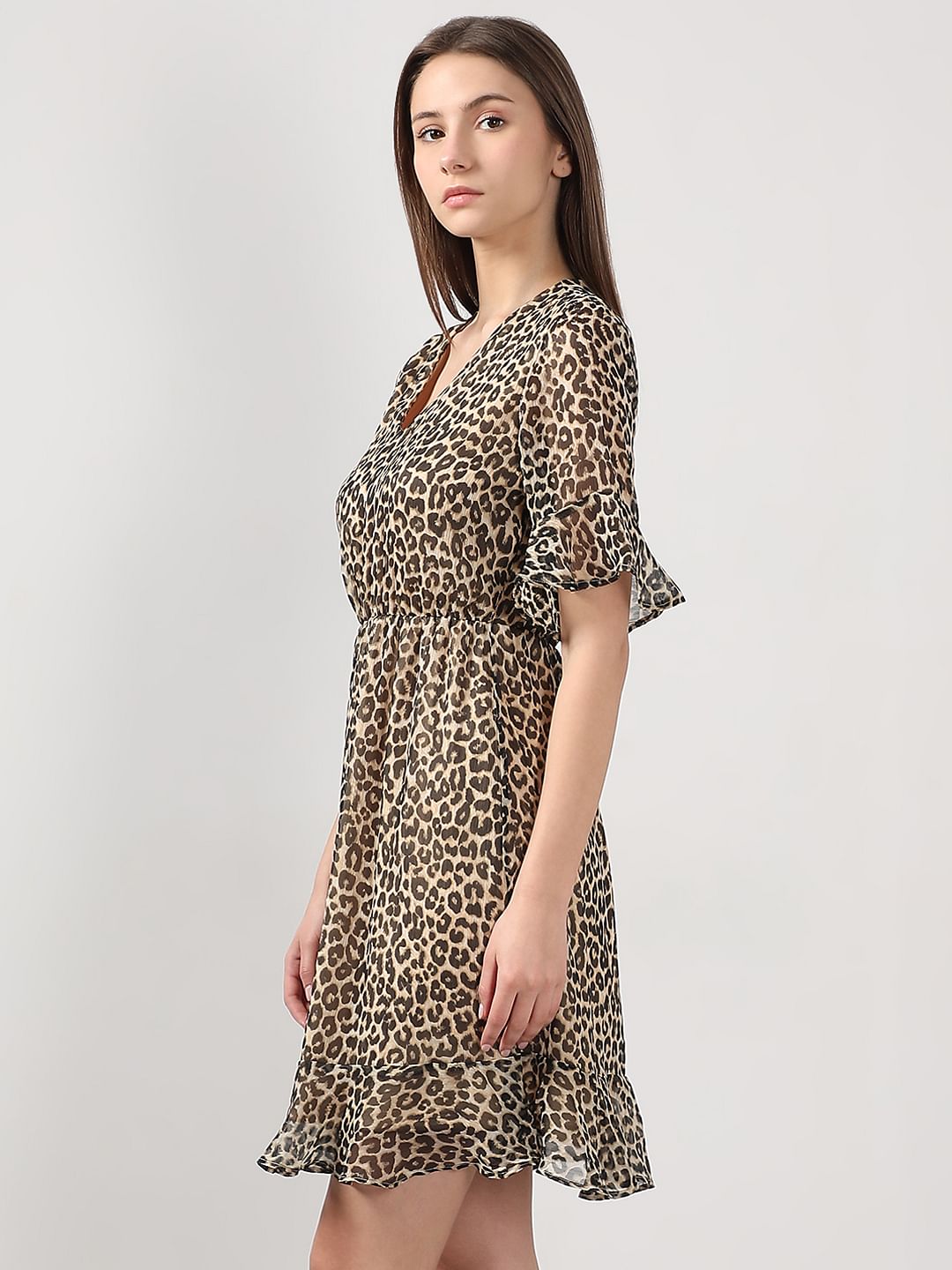Beige Animal Print Fit & Flare Dress