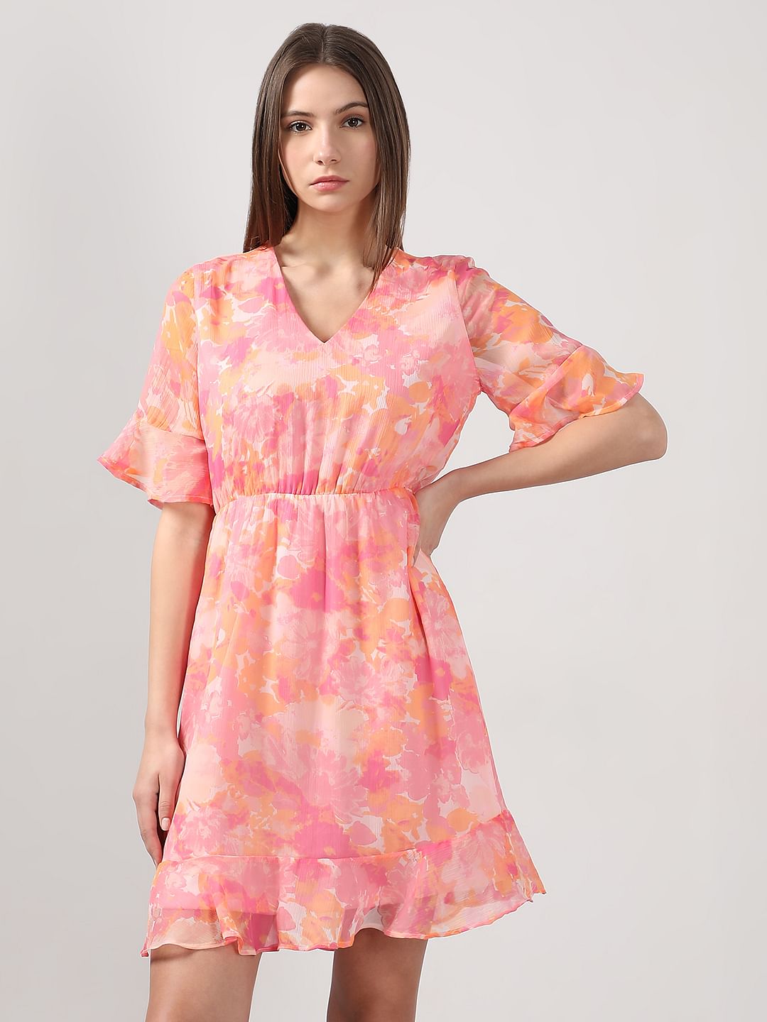 Pink Printed Short Sleeves Dress
