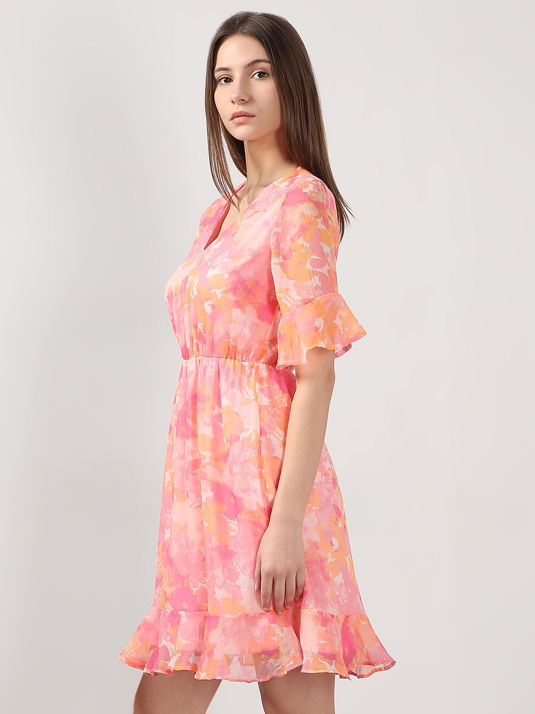 Pink Printed Short Sleeves Dress