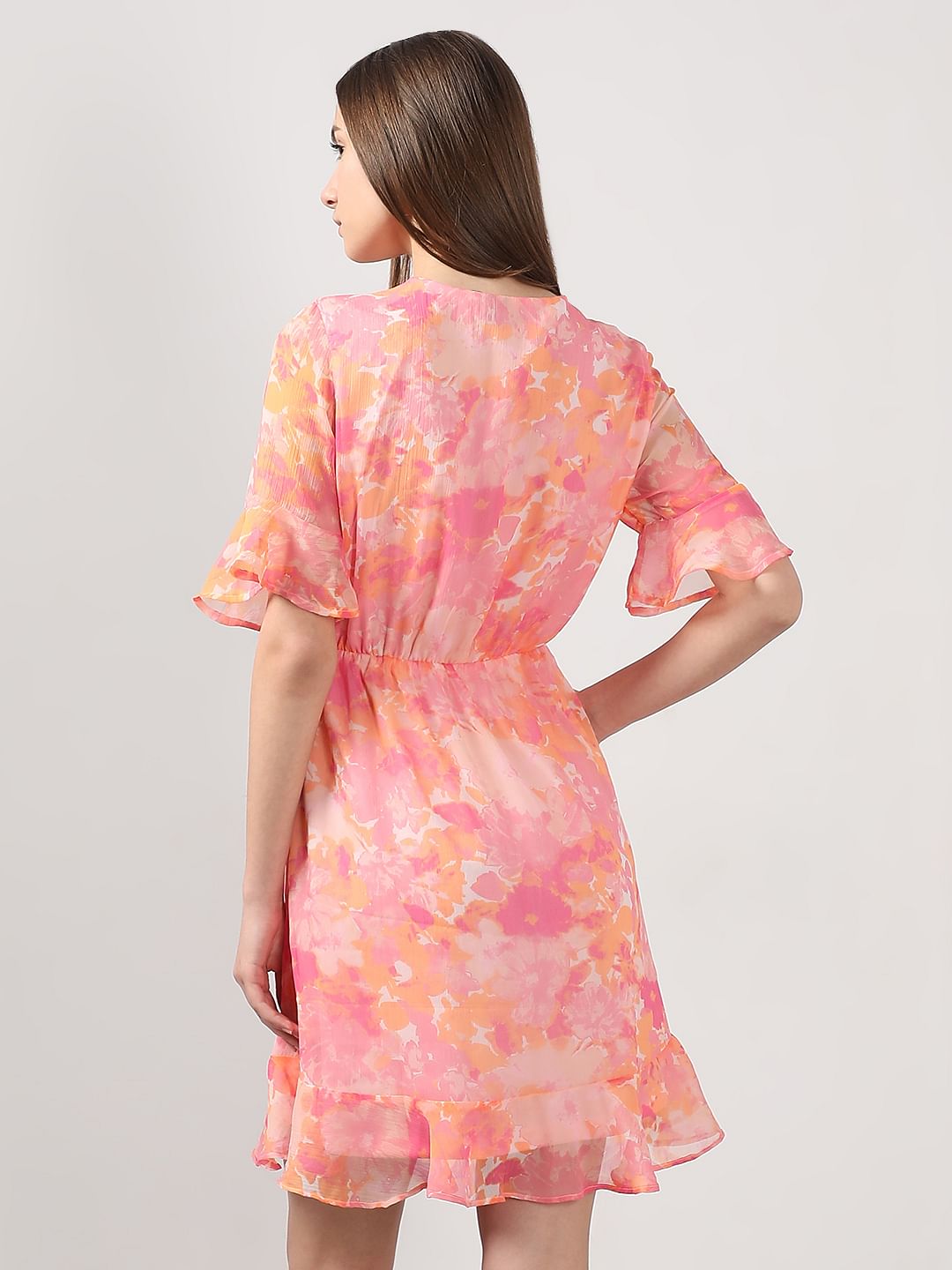 Pink Printed Short Sleeves Dress