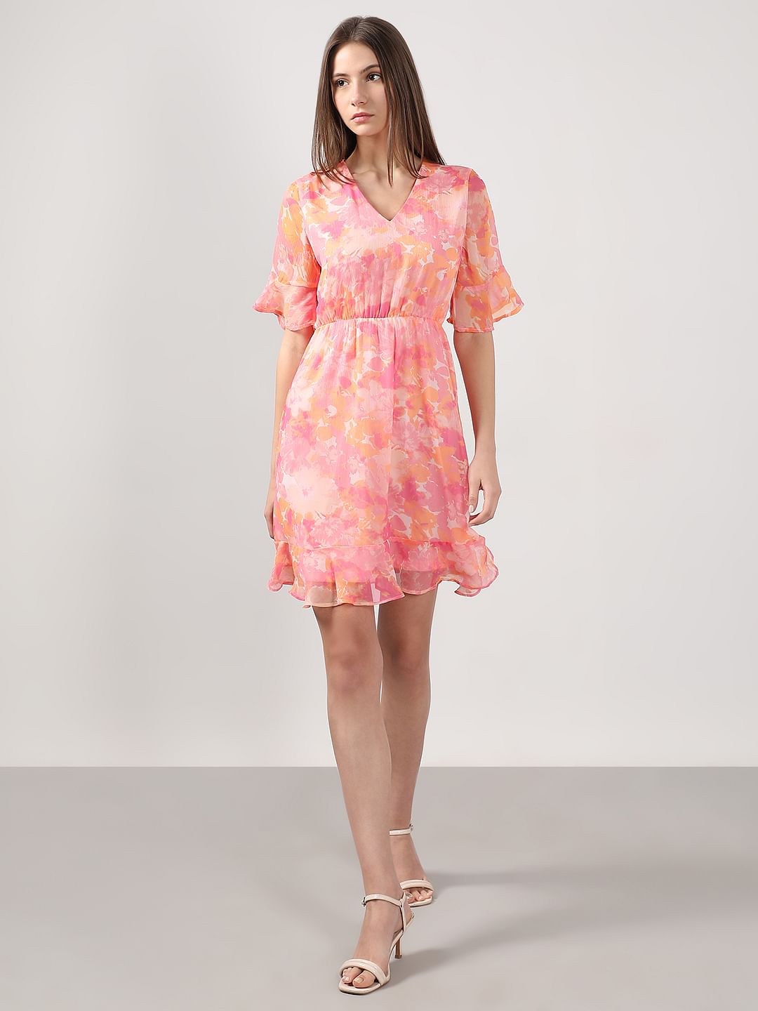 Pink Printed Short Sleeves Dress