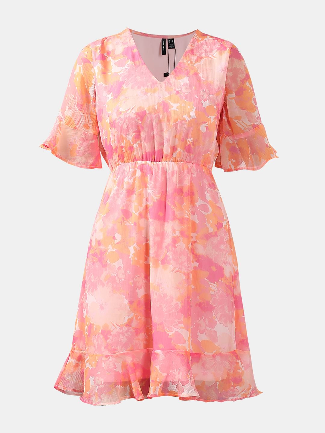 Pink Printed Short Sleeves Dress