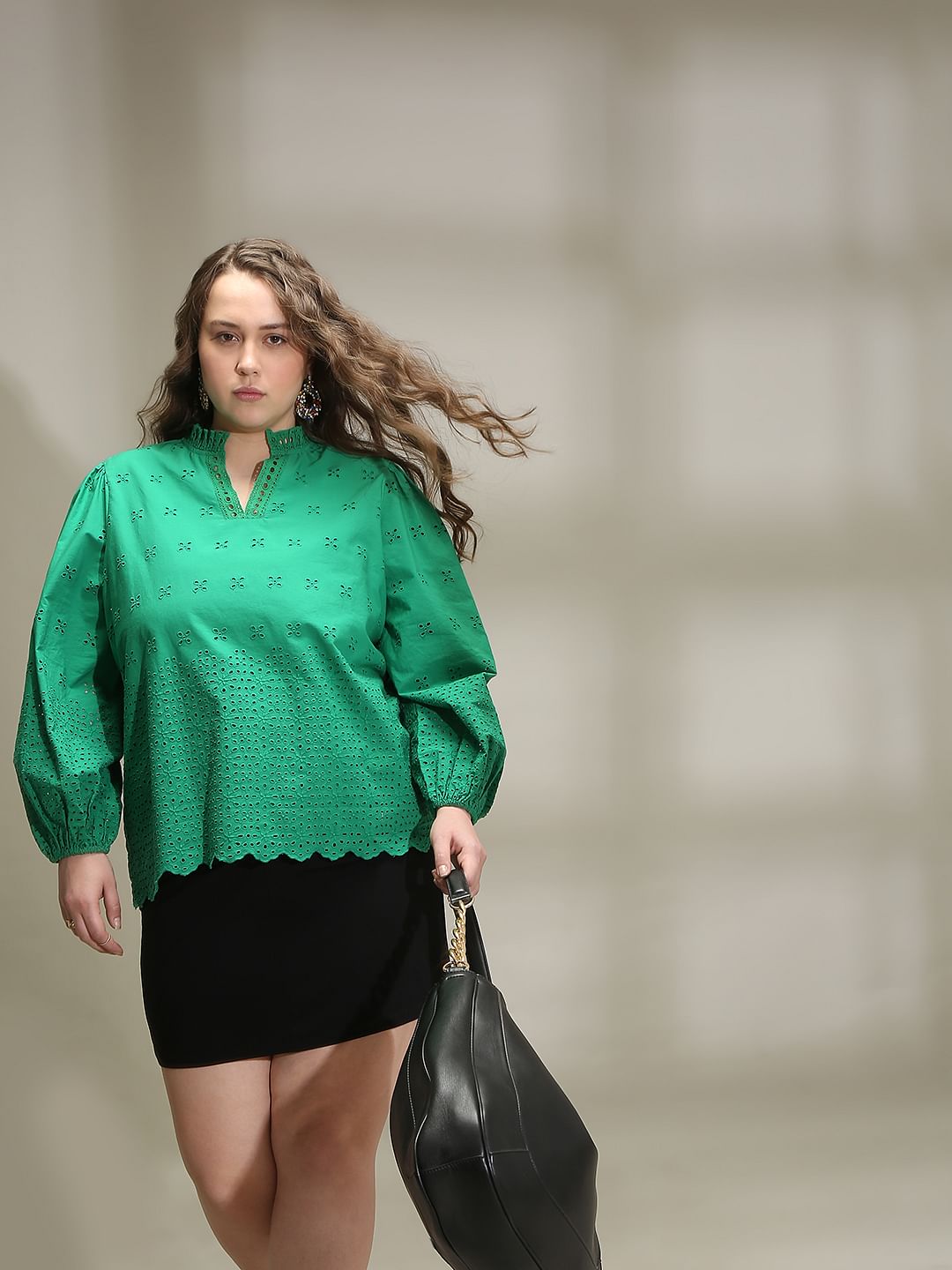 Curve Green Schiffli Cotton Top