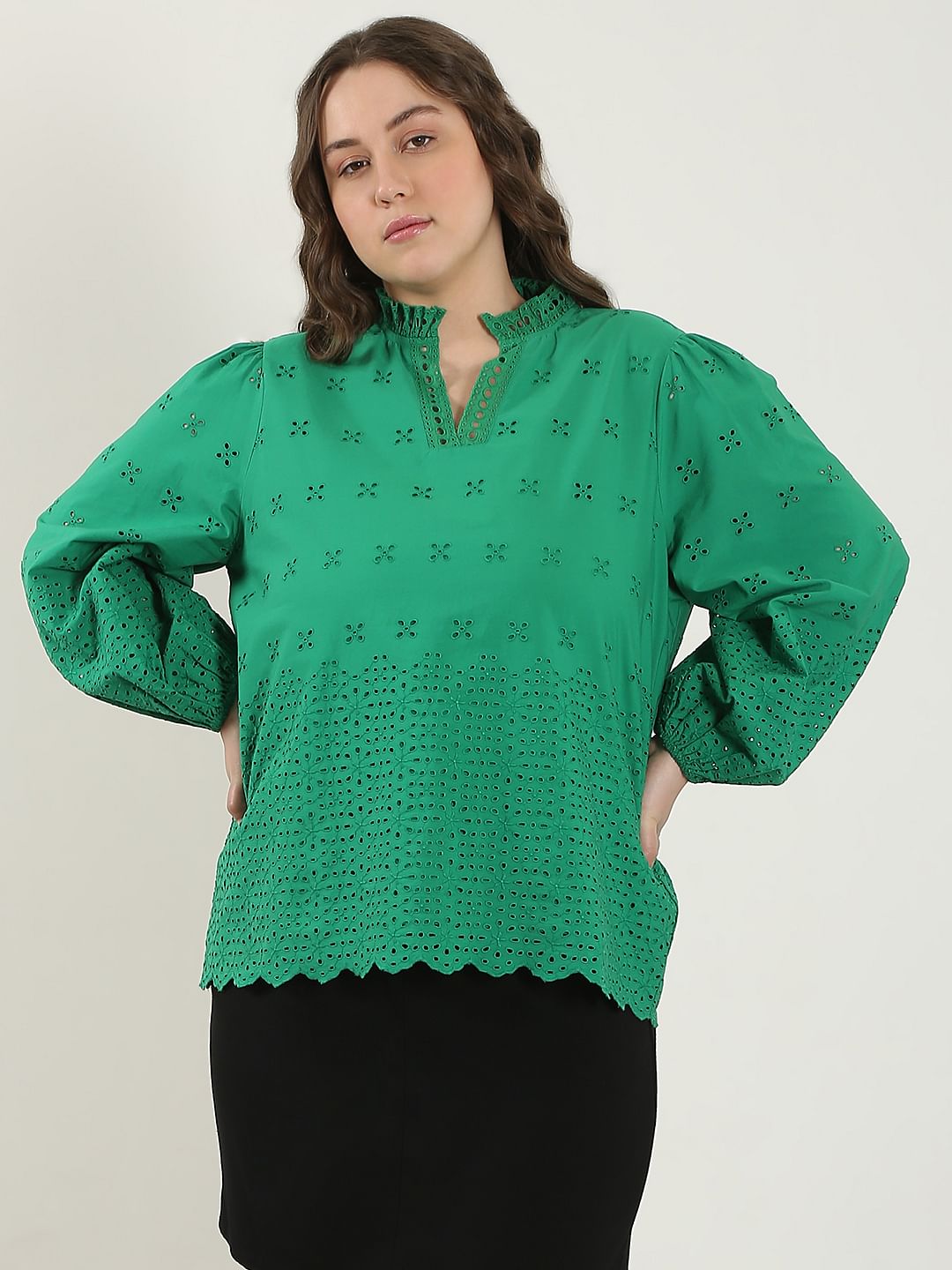 Curve Green Schiffli Cotton Top